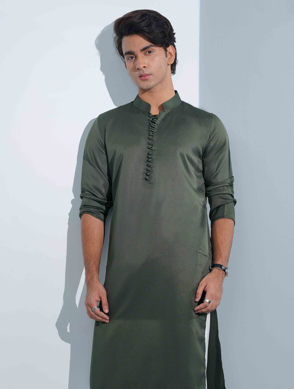 Army Green Aesthetic Solid Studs Button Panjabi