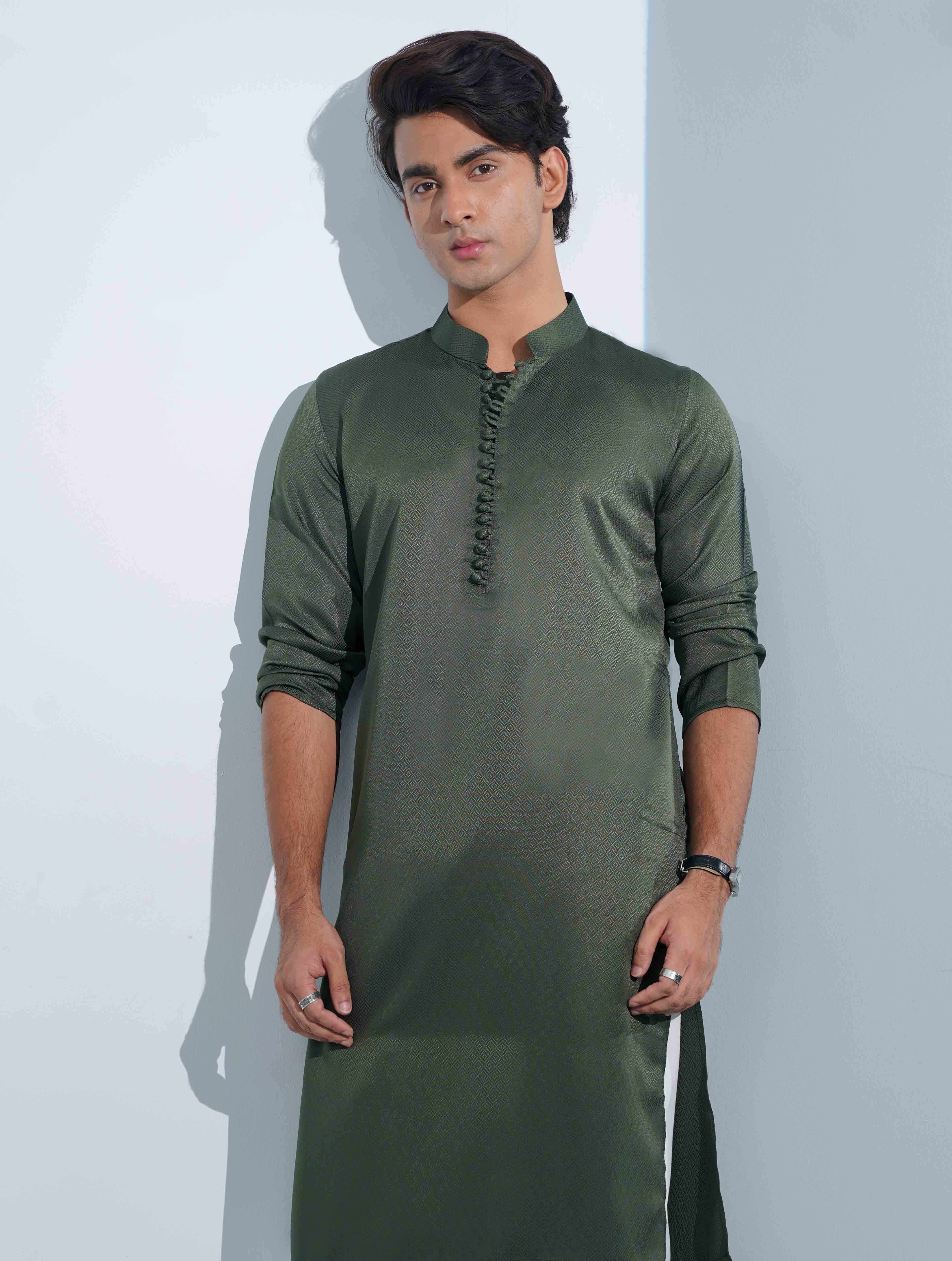 Army Green Aesthetic Solid Studs Button Panjabi