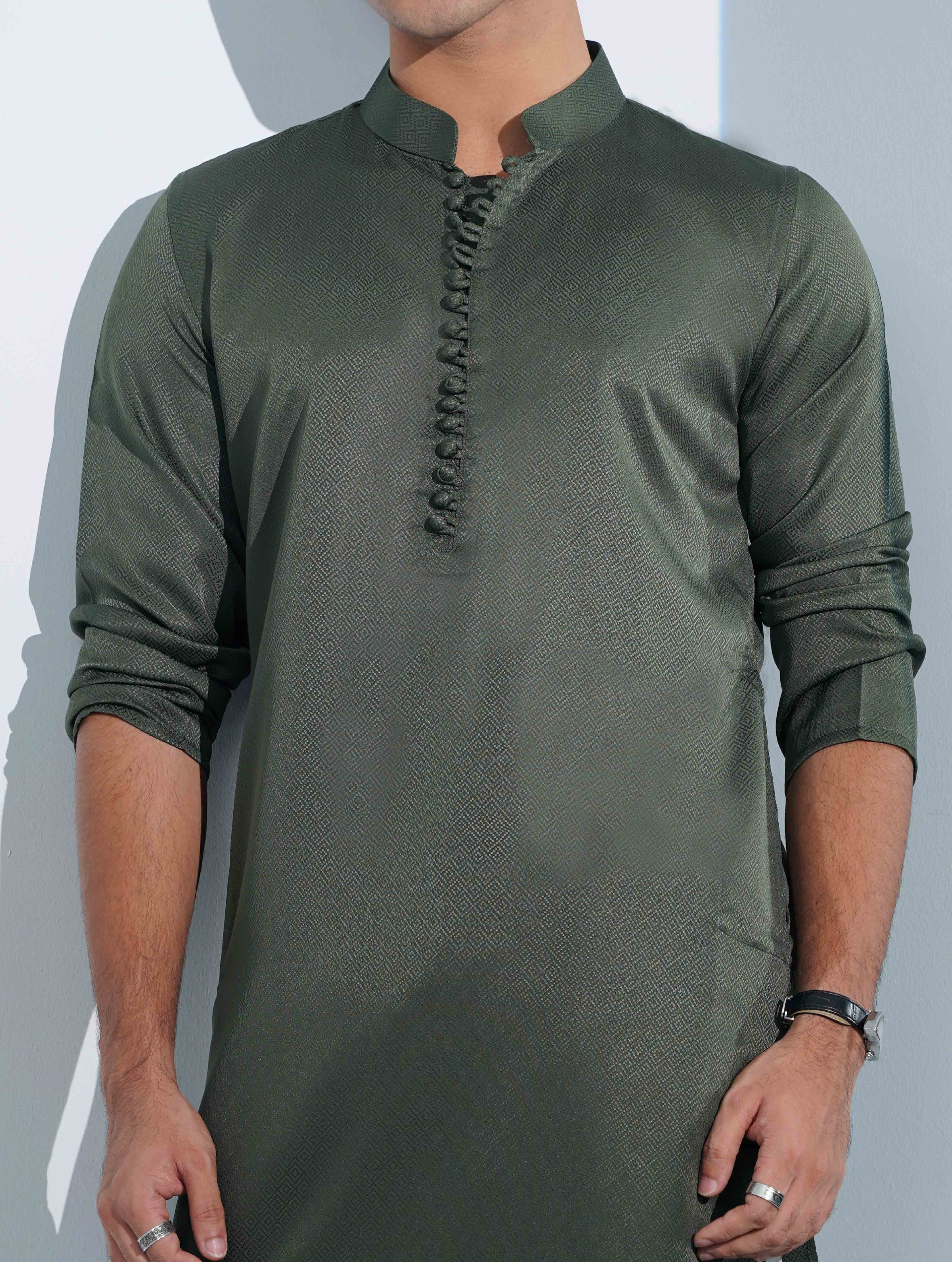 Army Green Aesthetic Solid Studs Button Panjabi