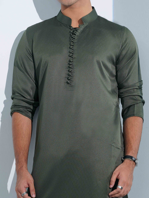 Army Green Aesthetic Solid Studs Button Panjabi