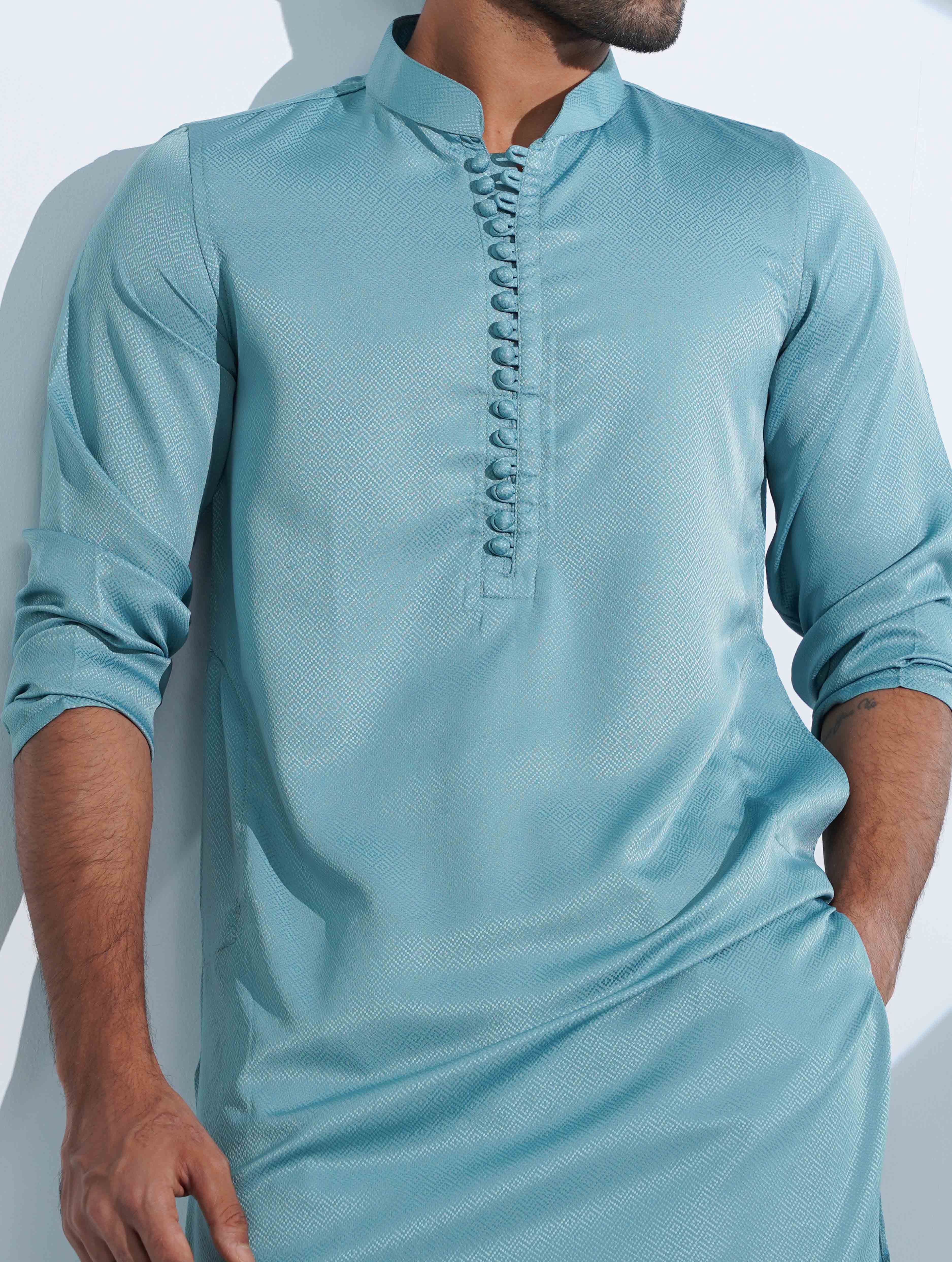 Teal Color Aesthetic Solid Studs Button Panjabi