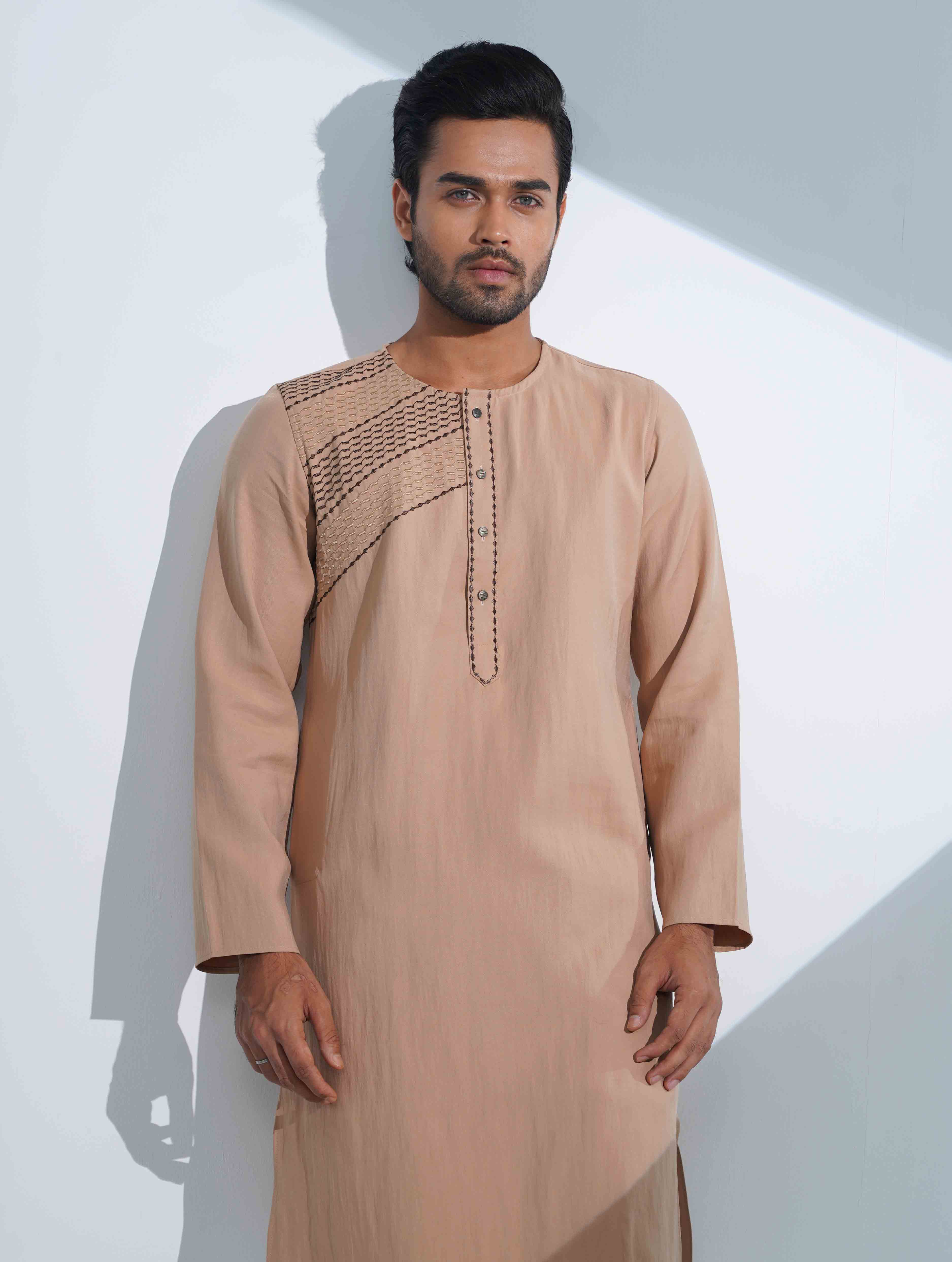 Moccasin color Half EmbroideryDesigner Overlap Collar Panjabi