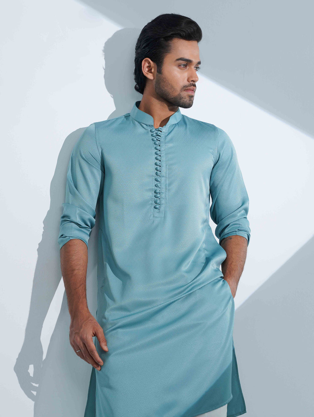 Teal Color Aesthetic Solid Studs Button Panjabi