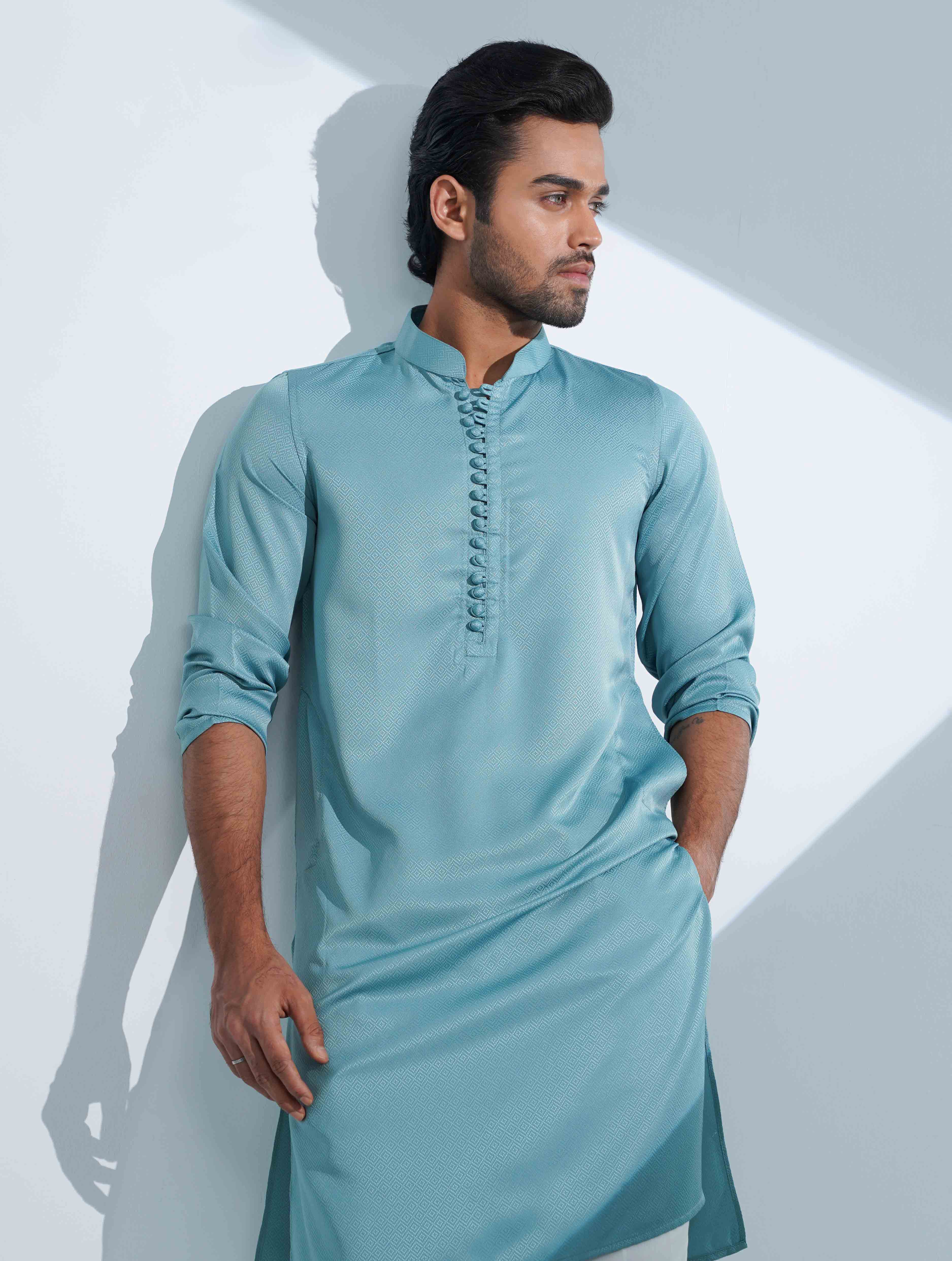 Teal Color Aesthetic Solid Studs Button Panjabi