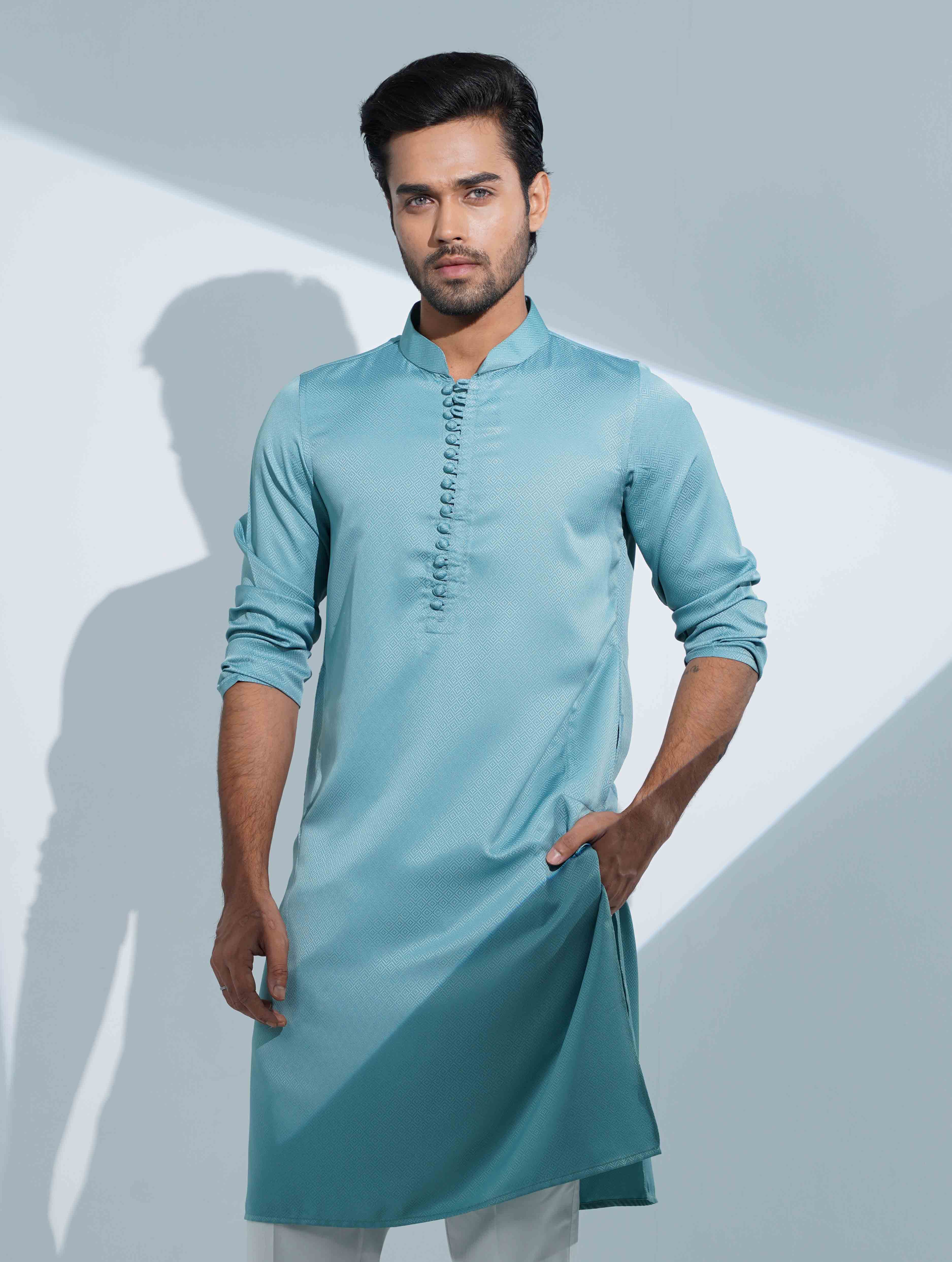 Teal Color Aesthetic Solid Studs Button Panjabi