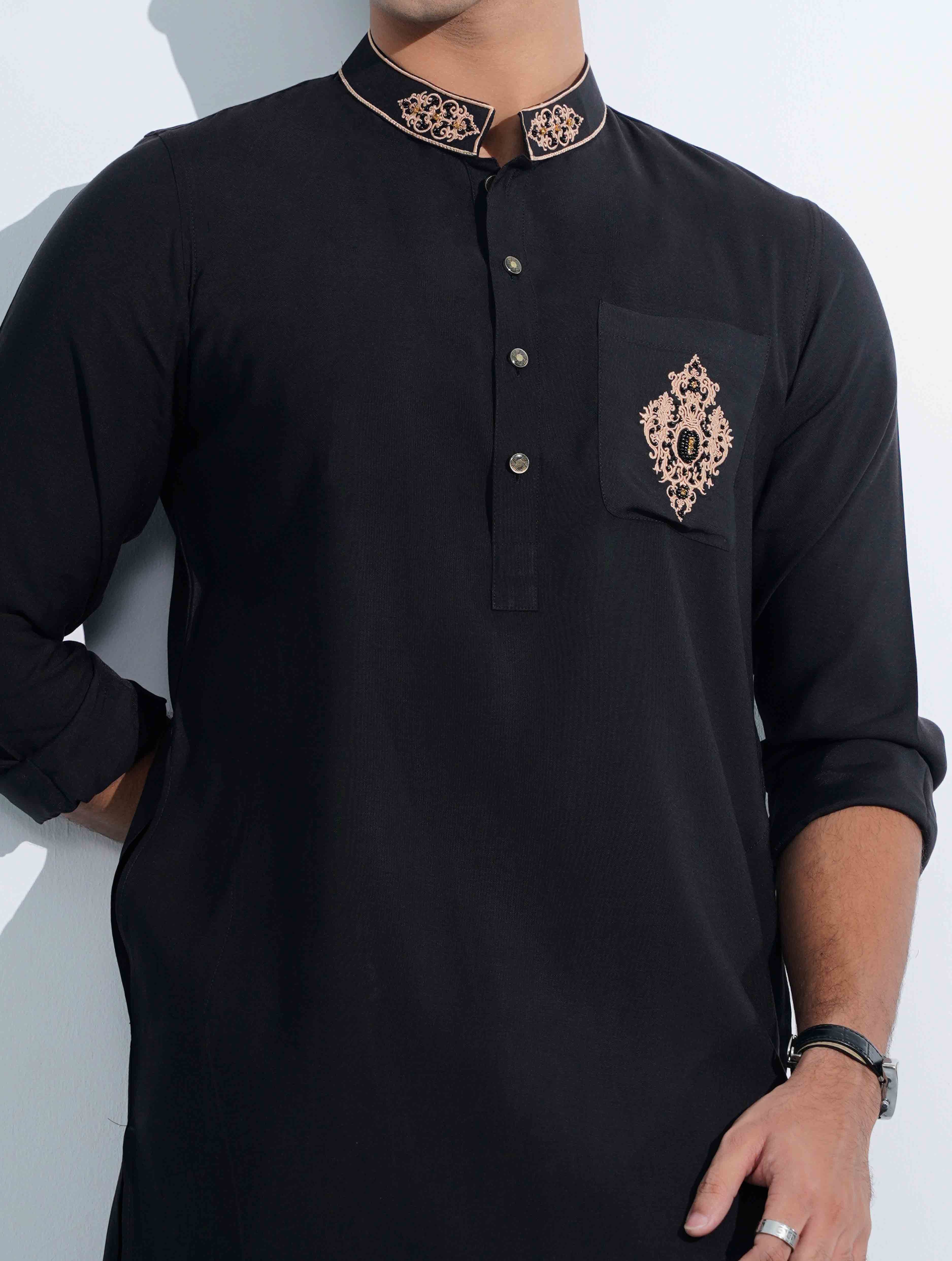 Black Premium Traditional Stone Work Panjabi
