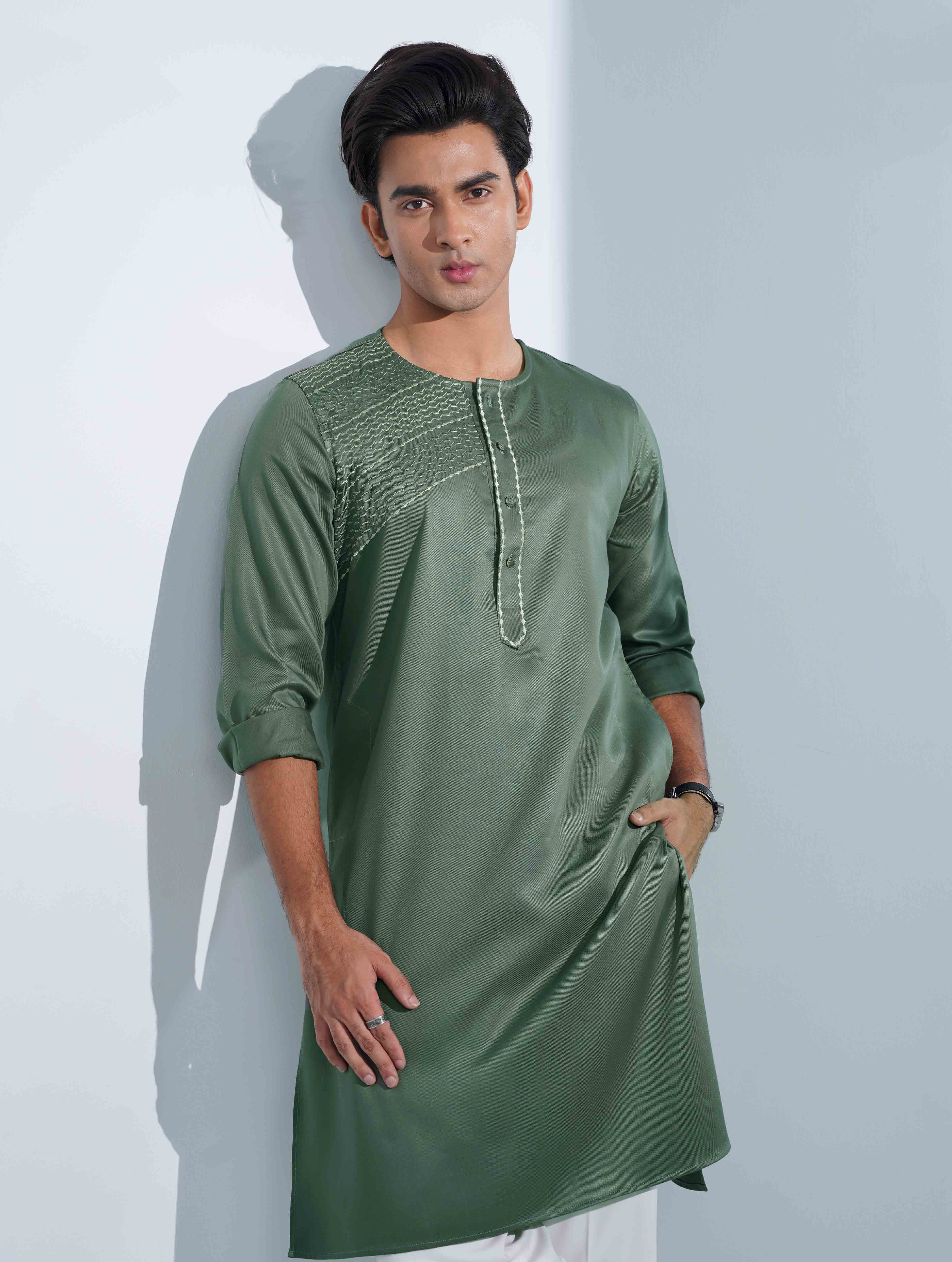 Olive Half EmbroideryDesigner Overlap Collar Panjabi