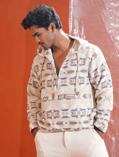 Cream Vintage Printed half zipper hoodie