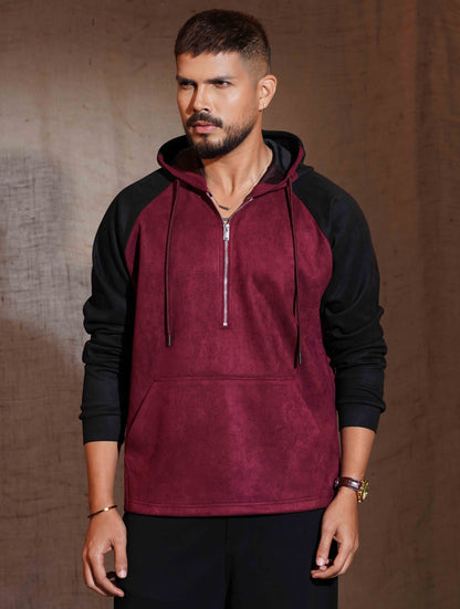 Valentine Red - Black Suede Leather Zipper Hoodie