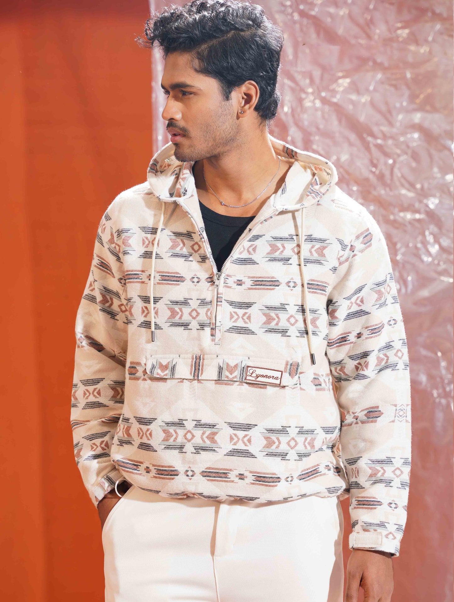 Cream Vintage Printed half zipper hoodie