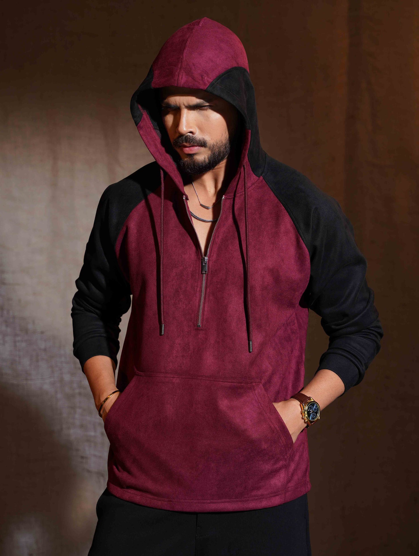 Valentine Red - Black Suede Leather Zipper Hoodie