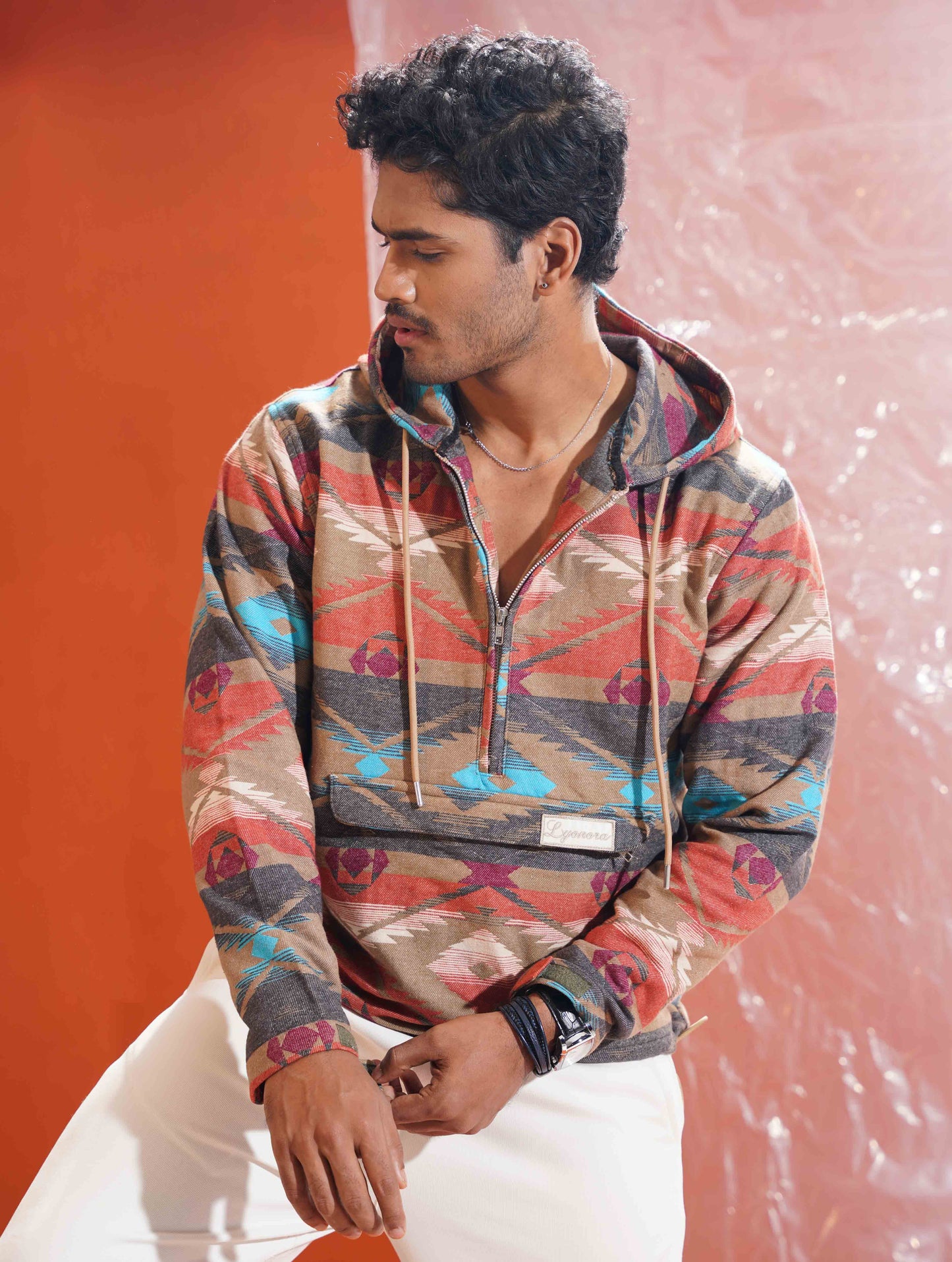 Orange Vintage Printed half zipper hoodie