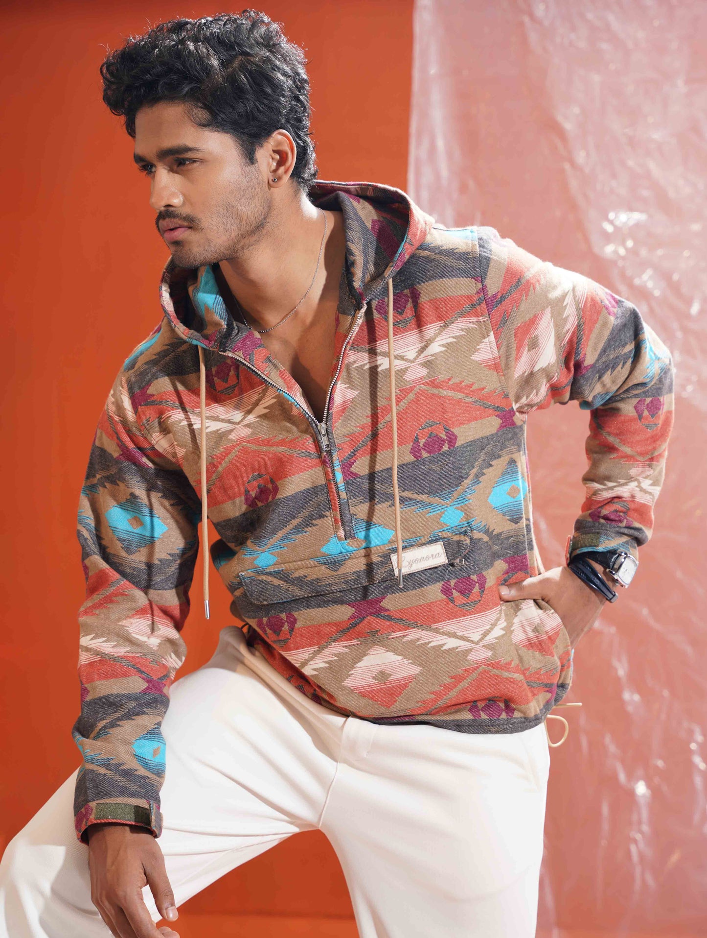 Orange Vintage Printed half zipper hoodie