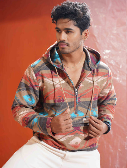 Orange Vintage Printed half zipper hoodie