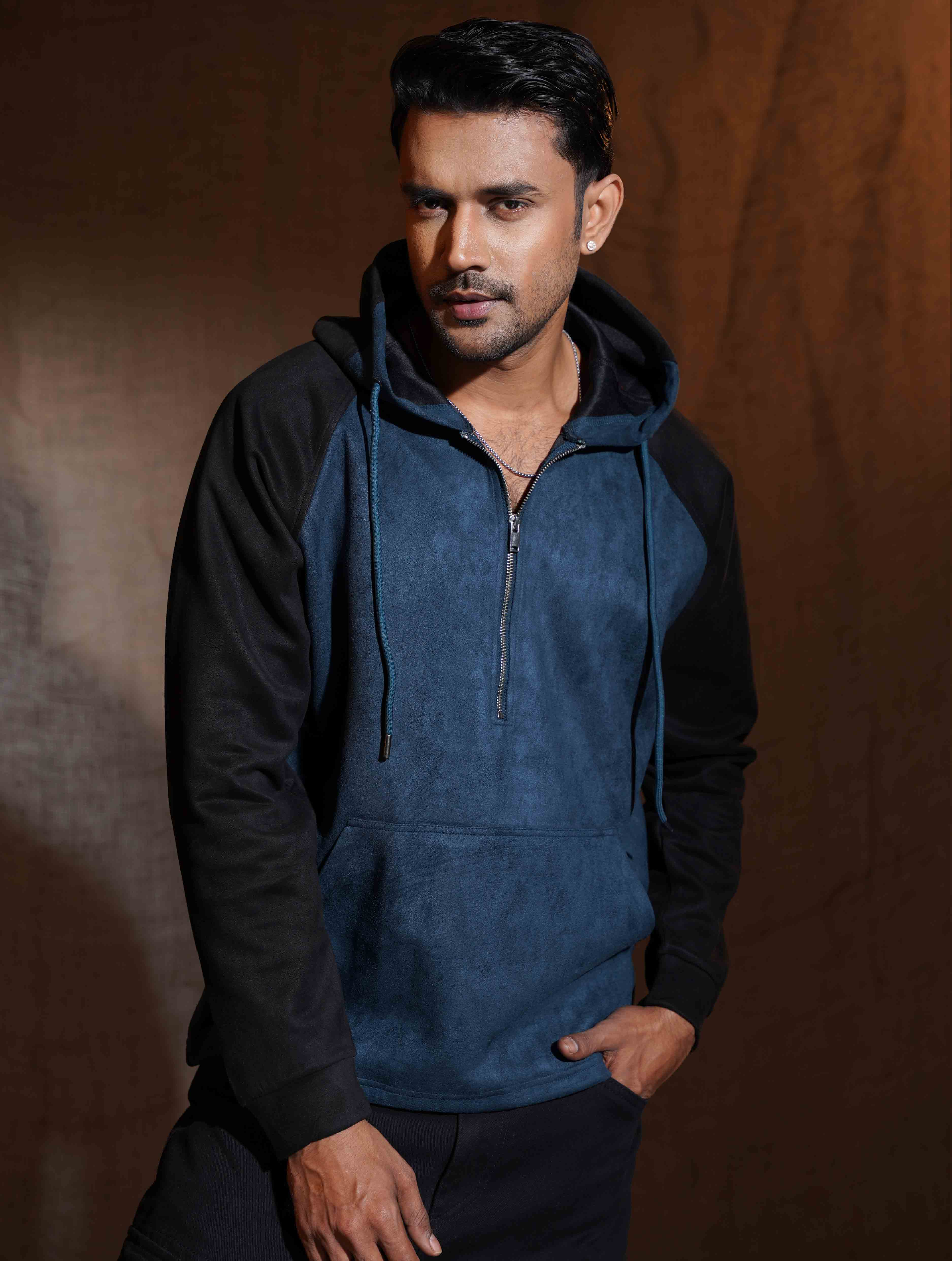 Bottle Green - Black Suede Leather Zipper Hoodie