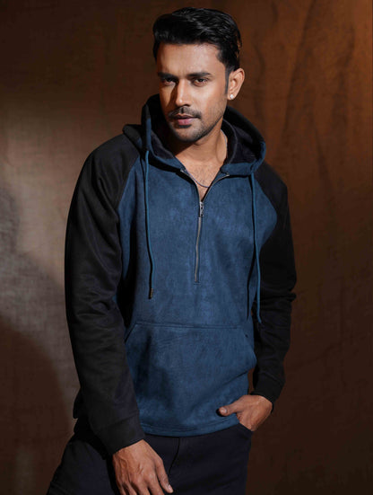 Bottle Green - Black Suede Leather Zipper Hoodie