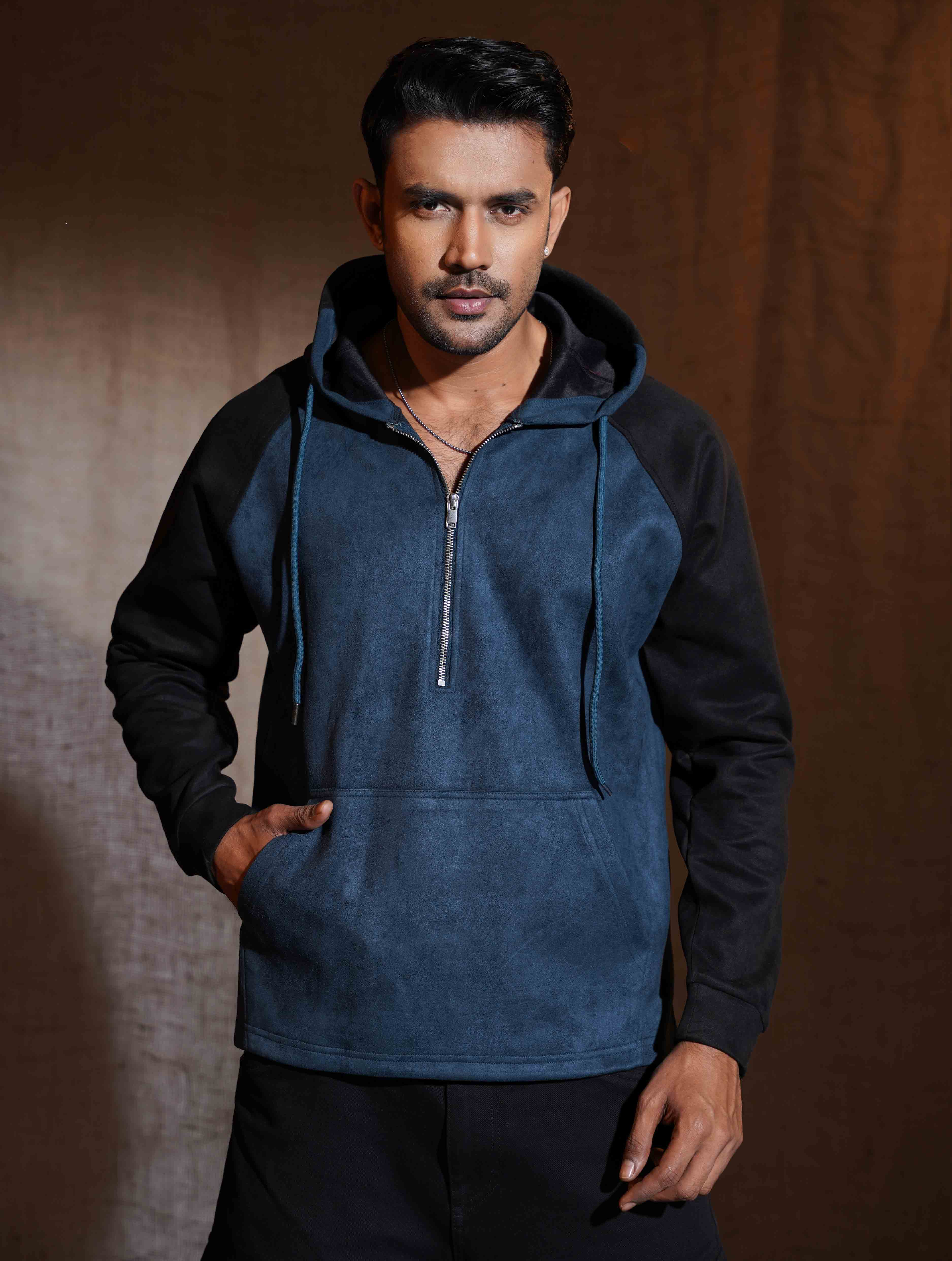 Bottle Green - Black Suede Leather Zipper Hoodie