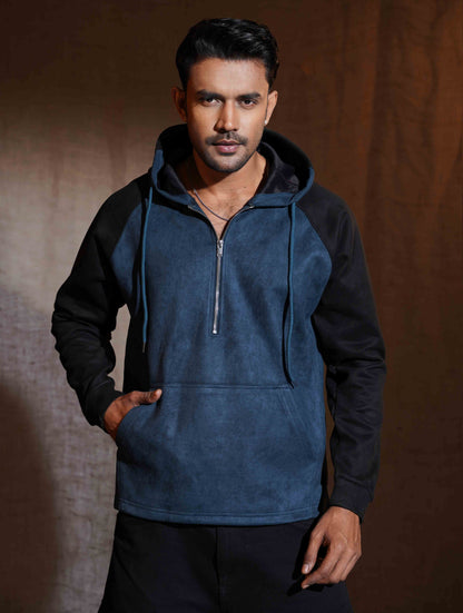 Bottle Green - Black Suede Leather Zipper Hoodie