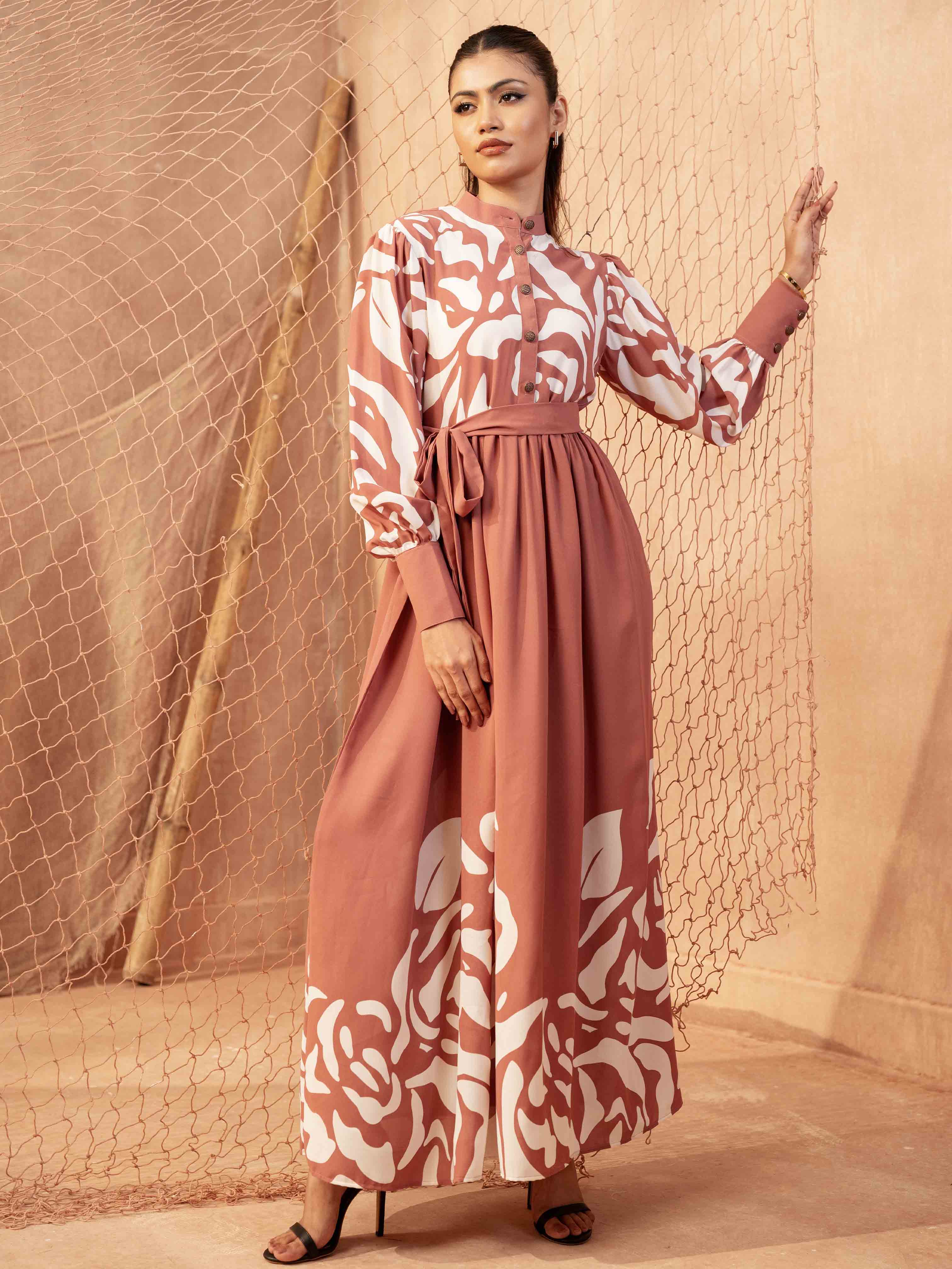 Pink and White Floral Printed Gown