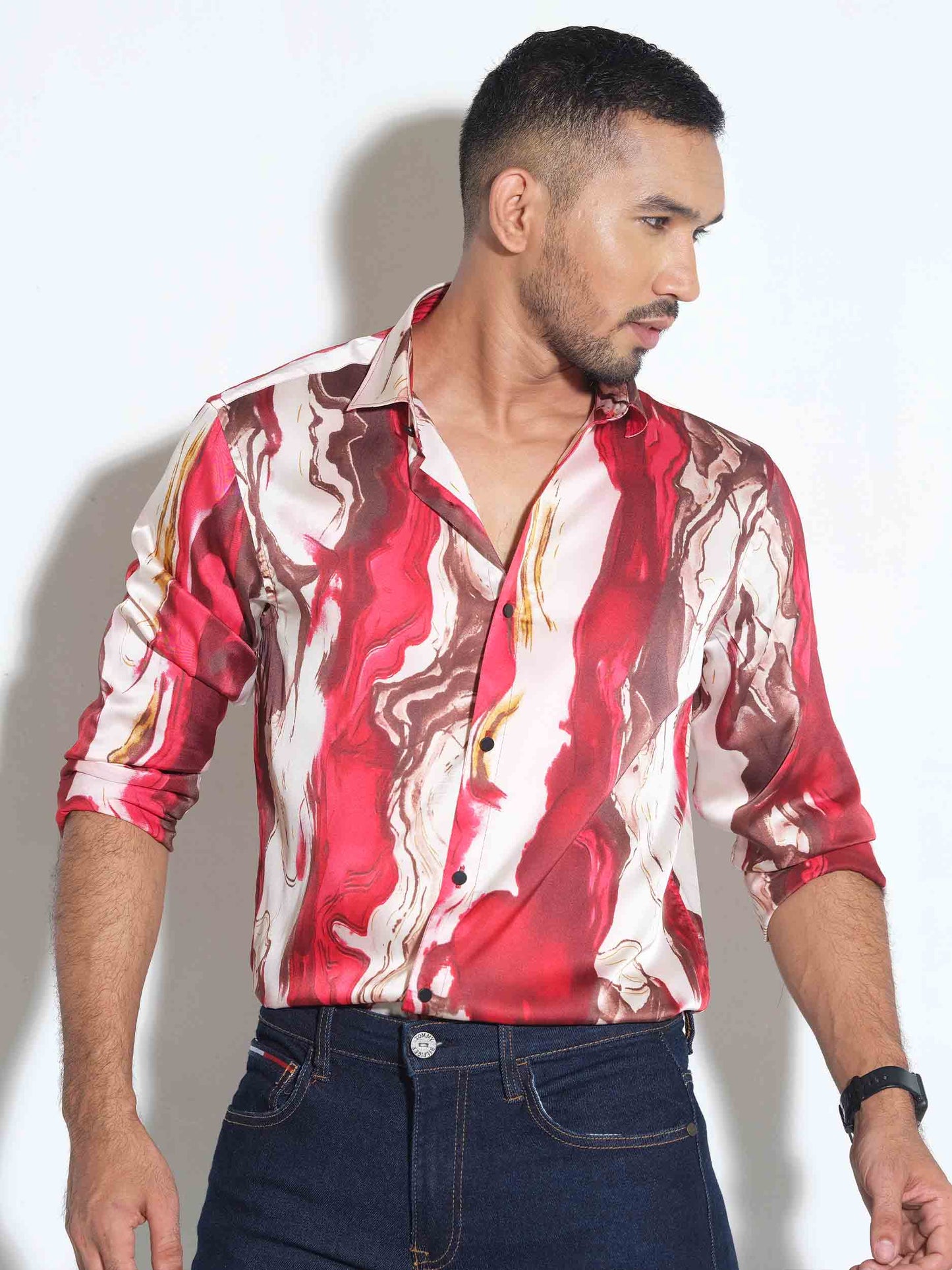 Red Ice cream printed royal silk full sleeve shirt