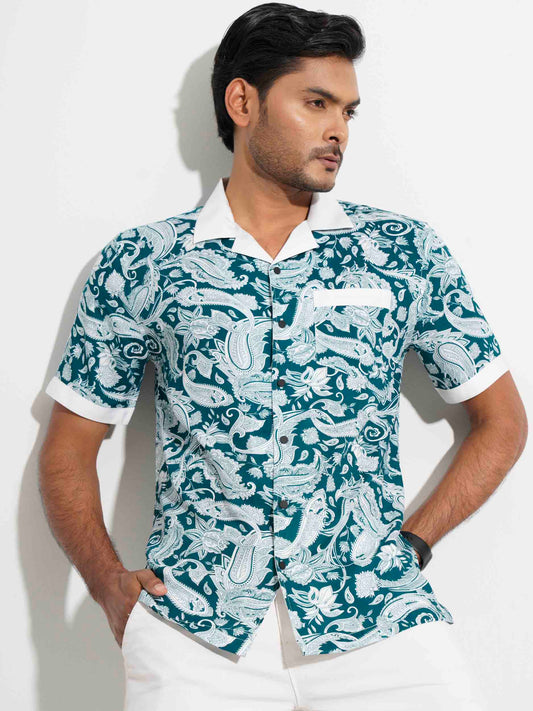 Green sankha printed white contrast havana shirt