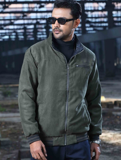 Matte olive solid suede leather premium jacket