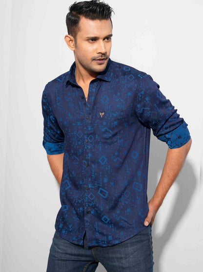 Blue Block printed bamboo silk full sleeve shirt