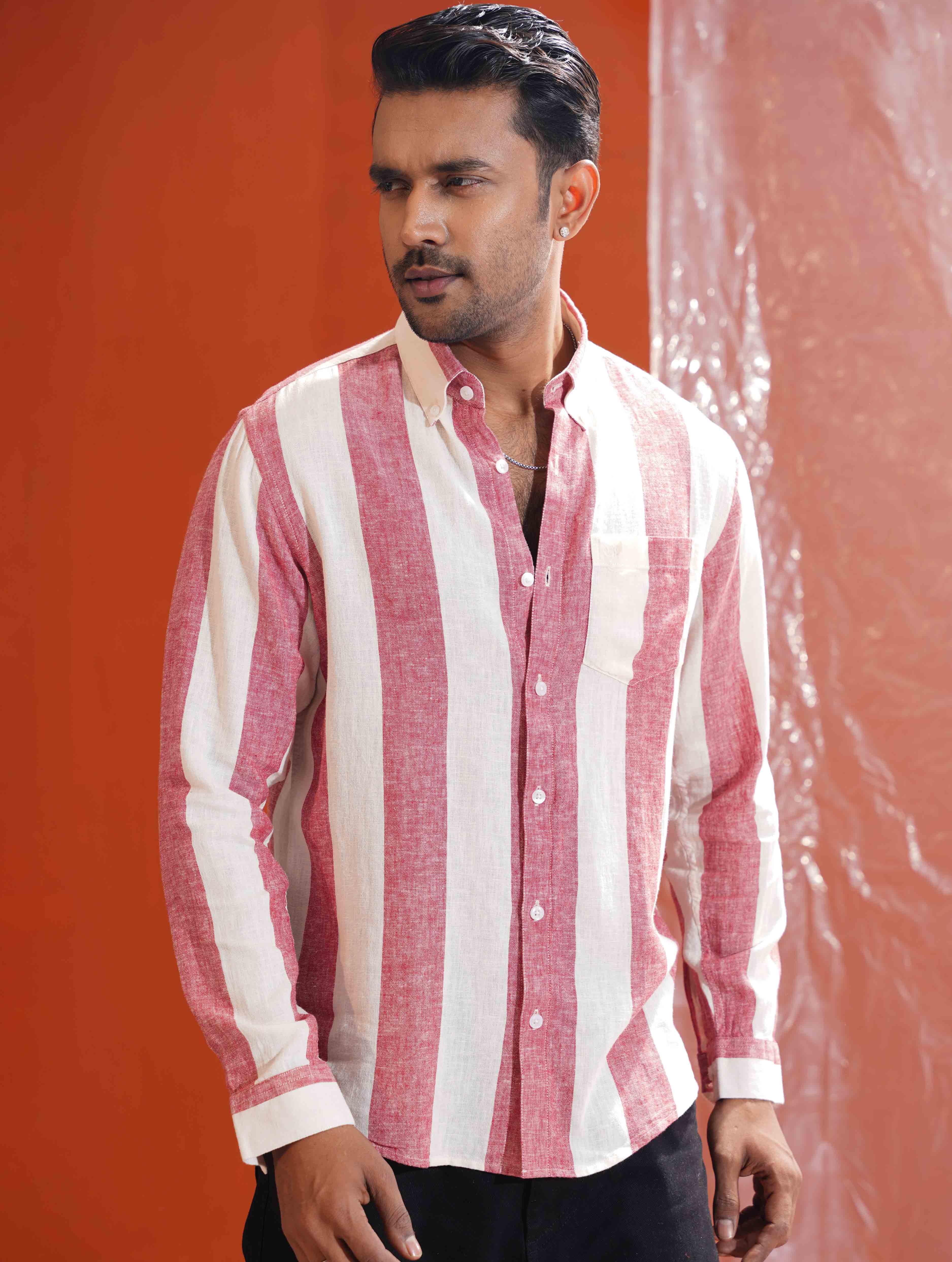 Off white Pink Stripe collar button Formal shirt