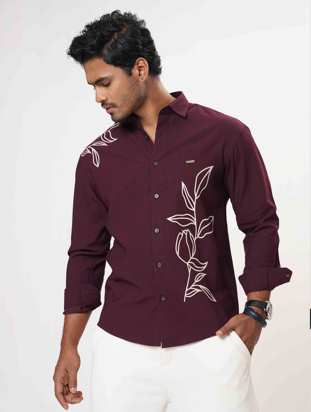 Deep Maroon Cream Flower print full Sleeve Shirt