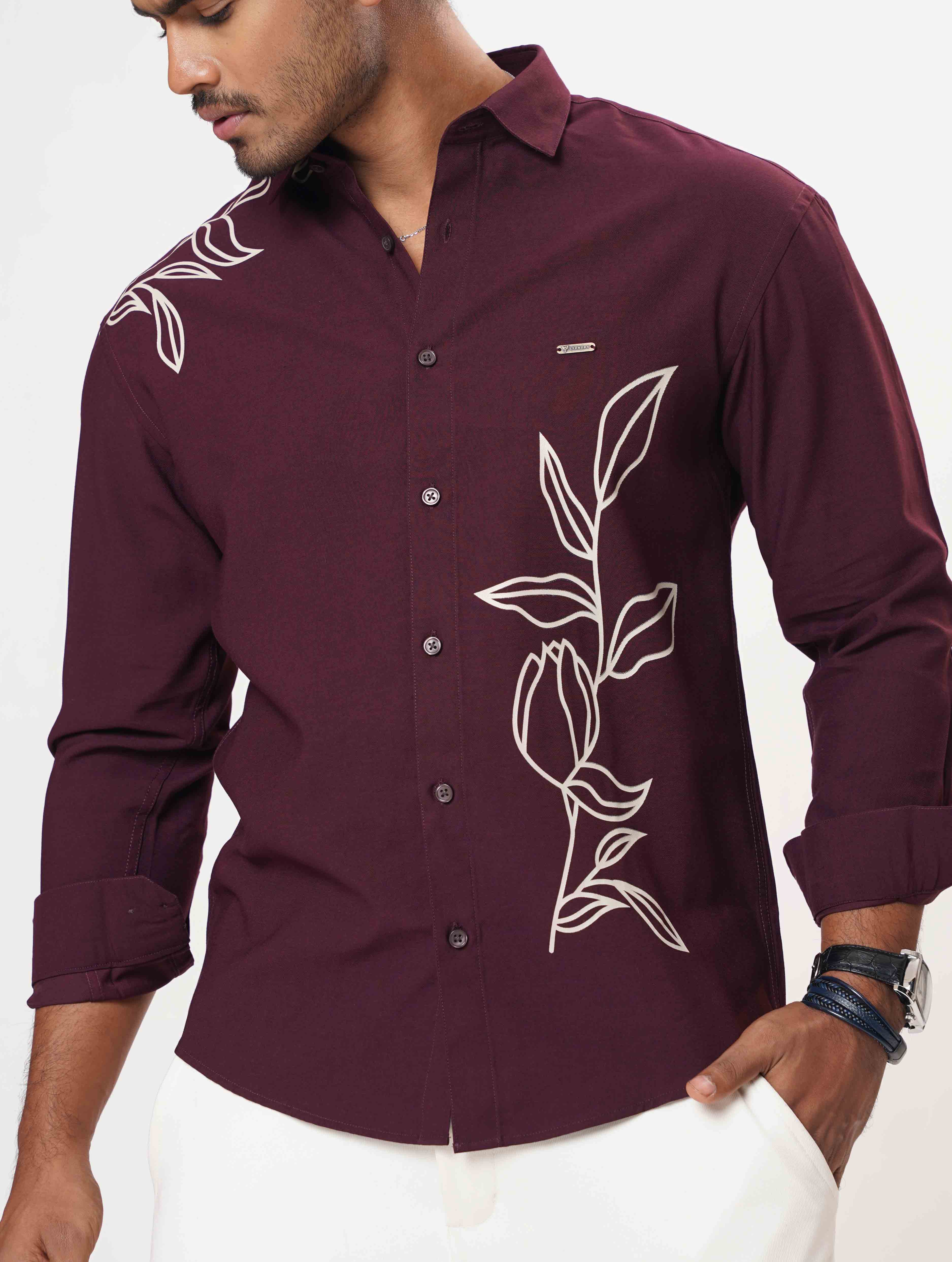 Deep Maroon Cream Flower print full Sleeve Shirt