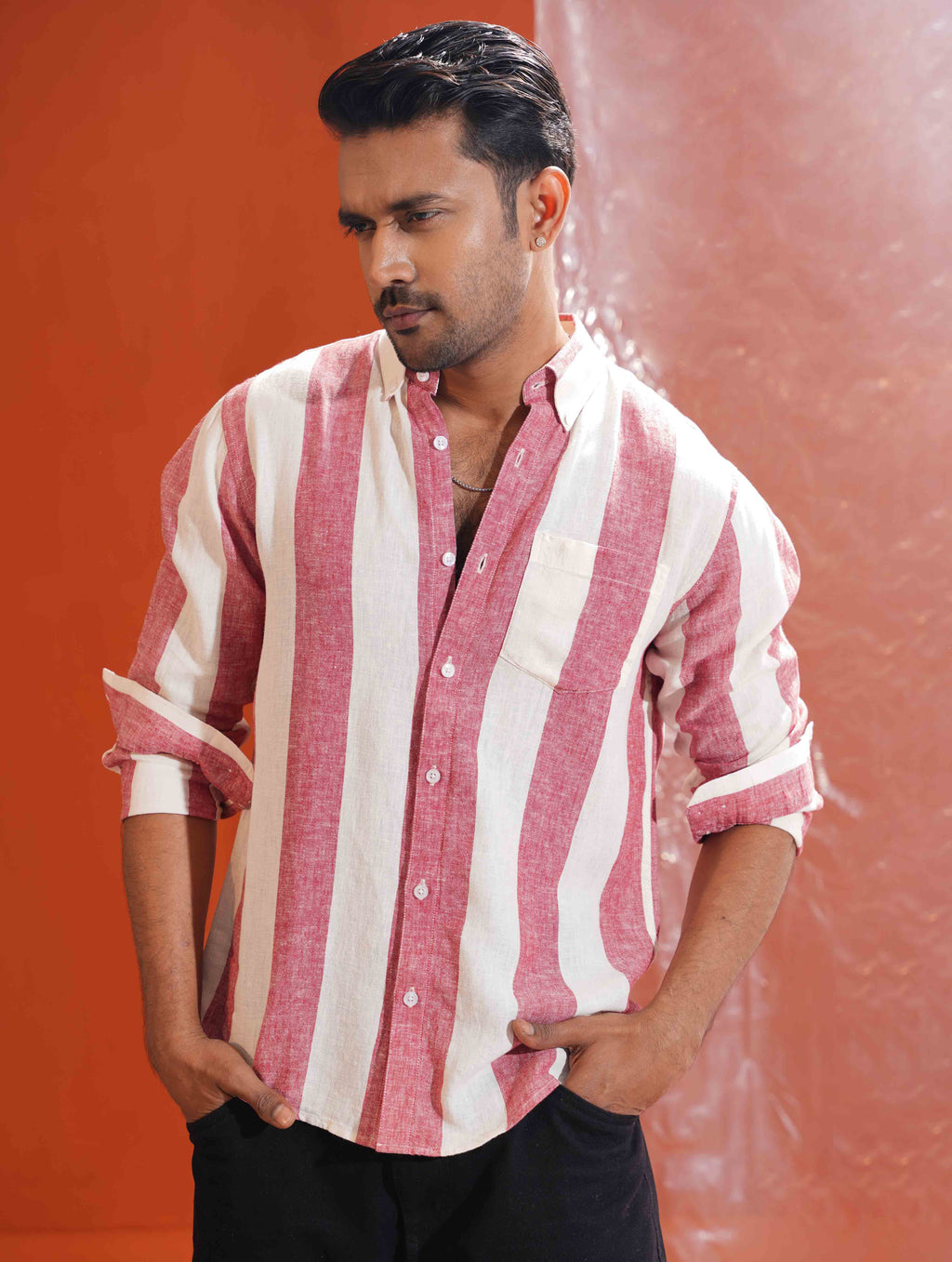 Off white pink stripe collar button formal shirt