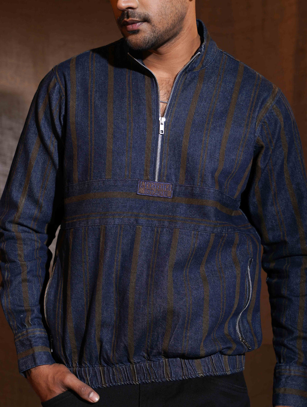 Blue Brown stripe denim half zipper jacket