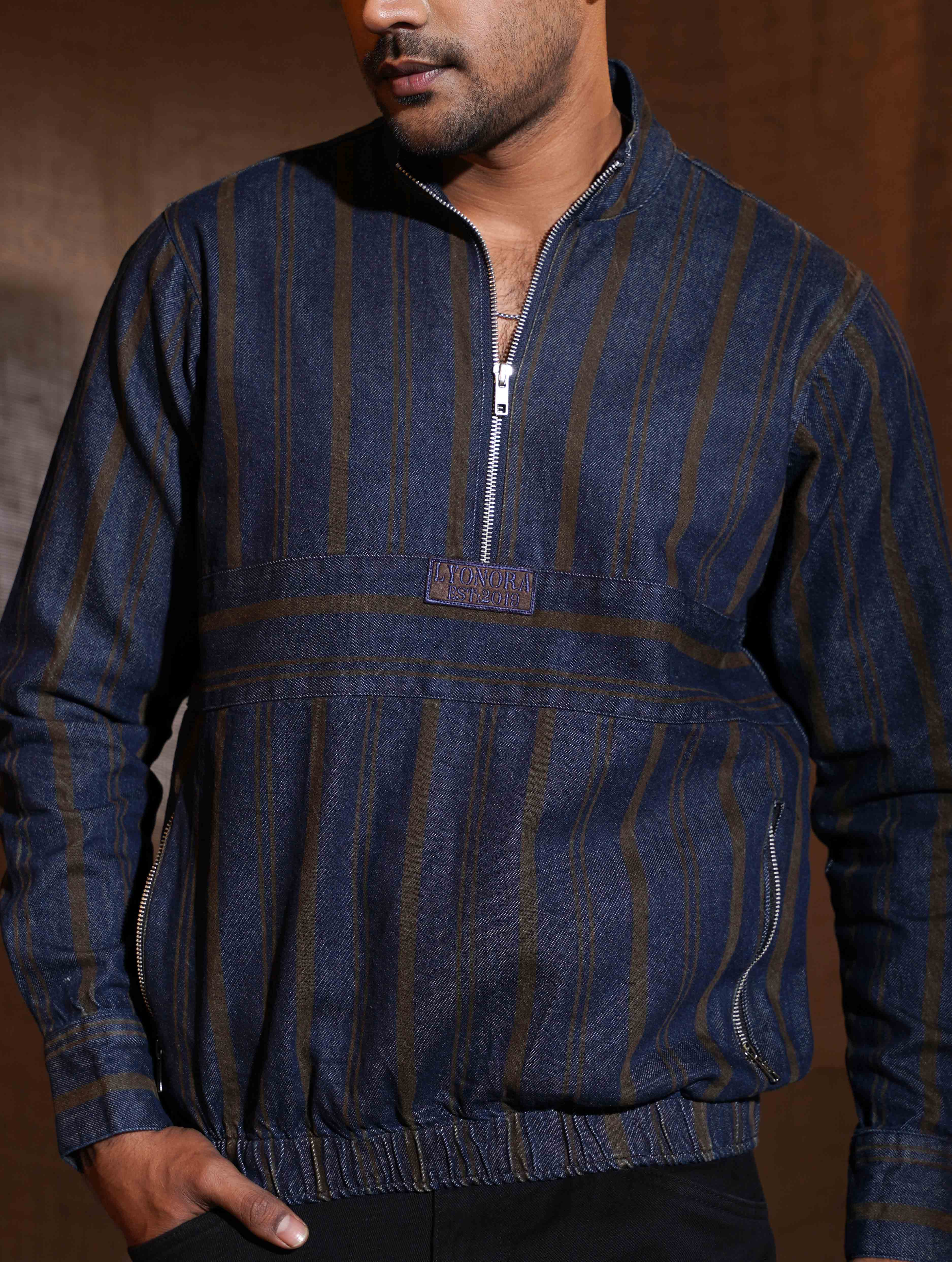 Blue Brown stripe denim half zipper jacket