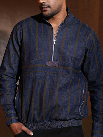 Blue Brown stripe denim half zipper jacket