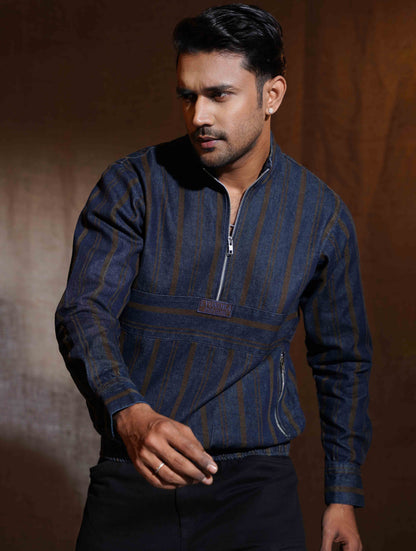 Blue Brown stripe denim half zipper jacket