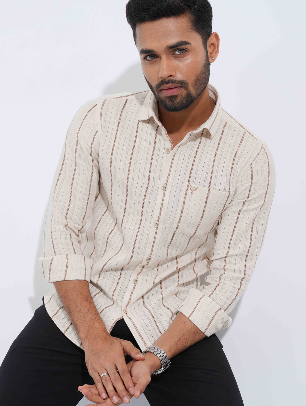 Cream Brown stripe remi cotton full sleeve