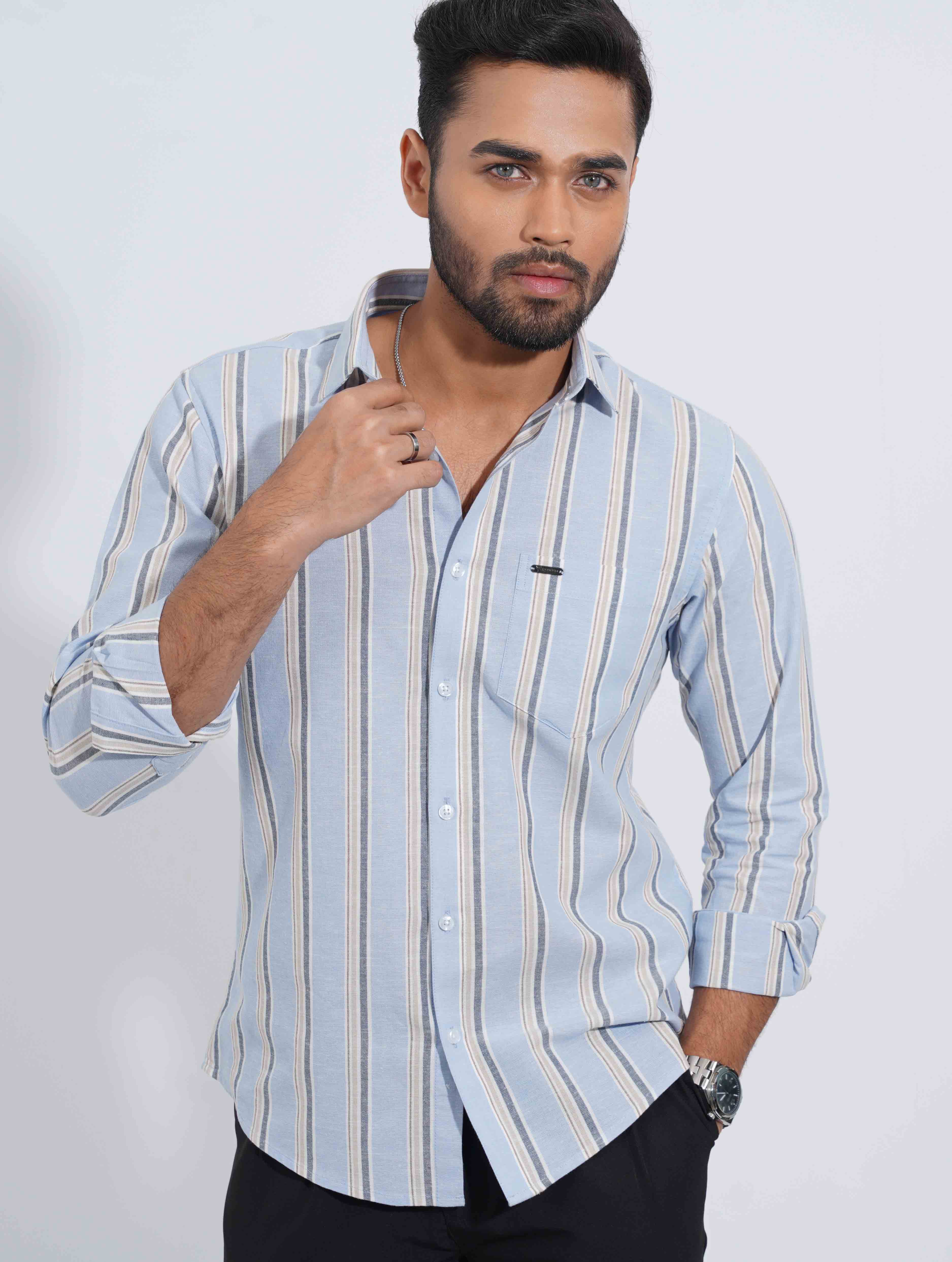 Sky Cream stripe remi cotton full sleeve