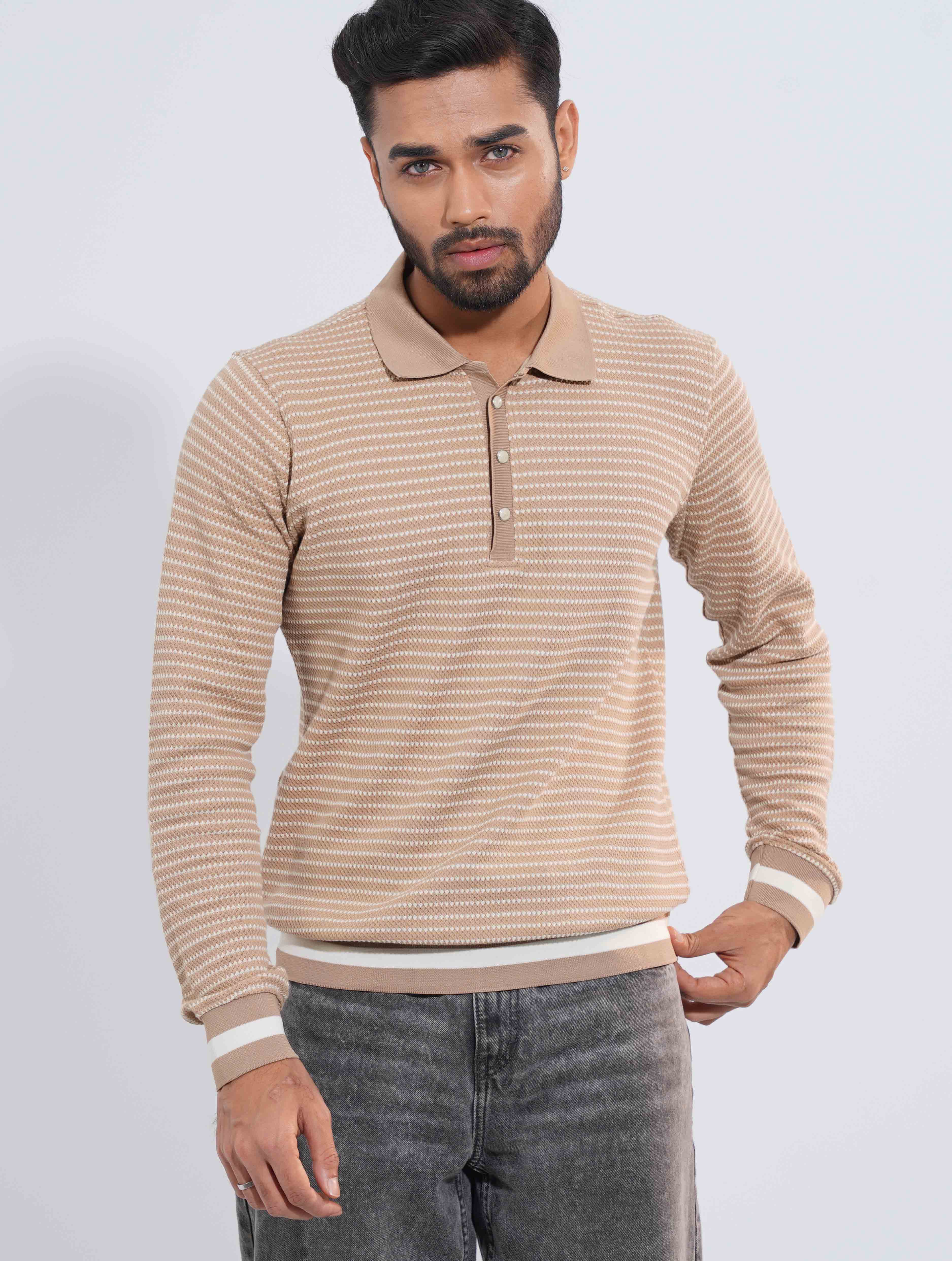Beige Stripe Premium Full Sleeve Polo