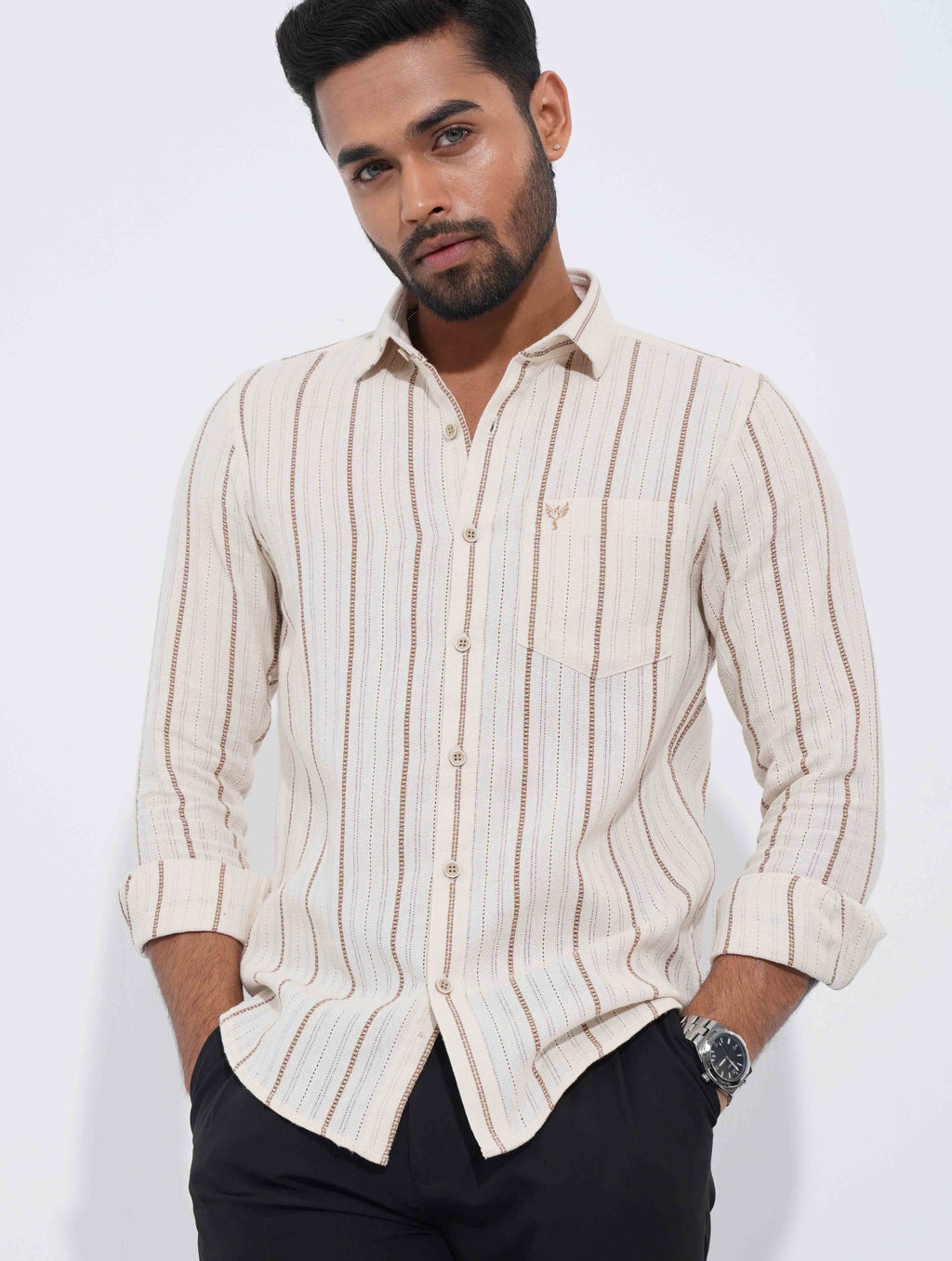 Cream Brown stripe remi cotton full sleeve