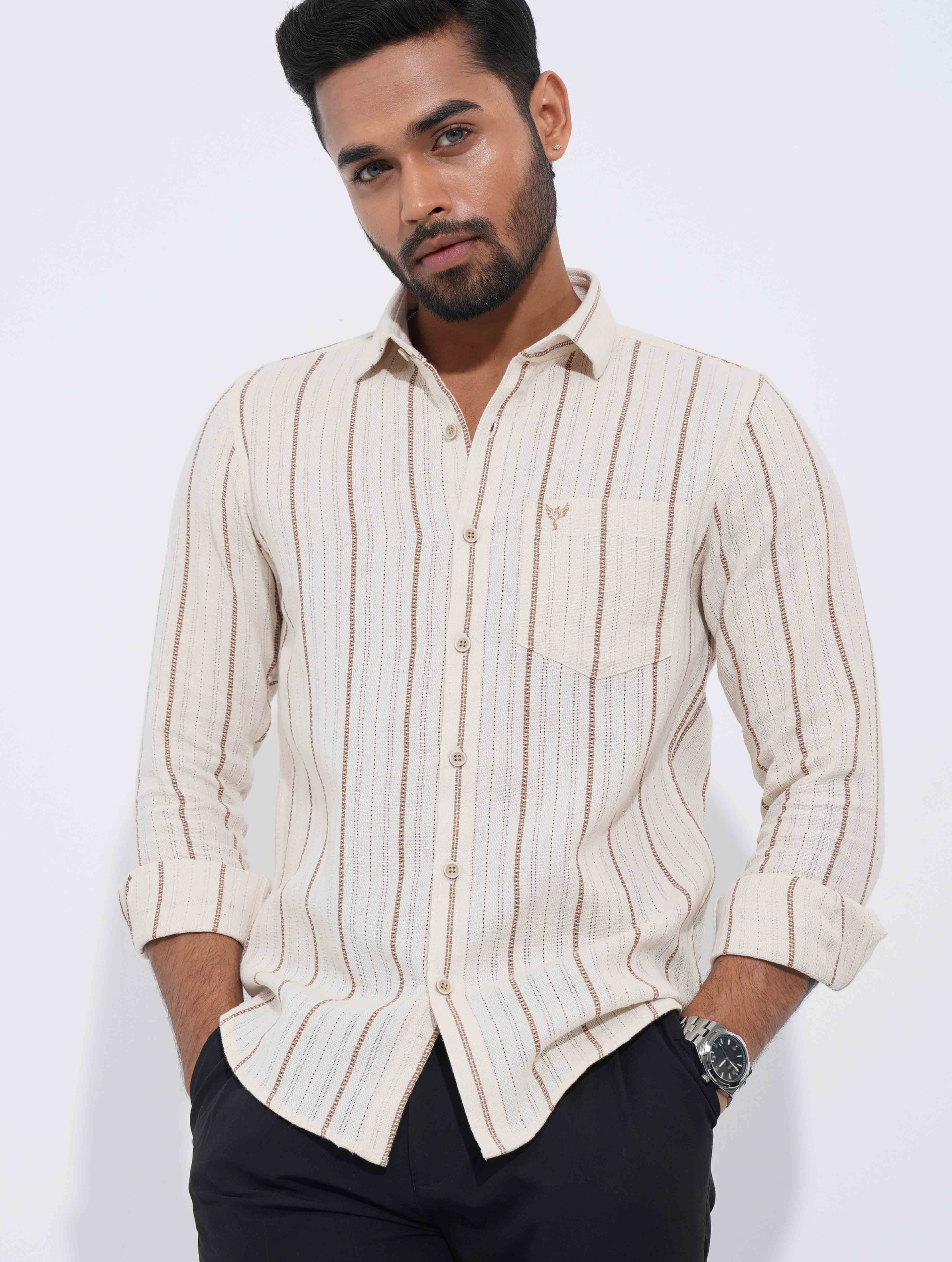 Cream Brown stripe remi cotton full sleeve