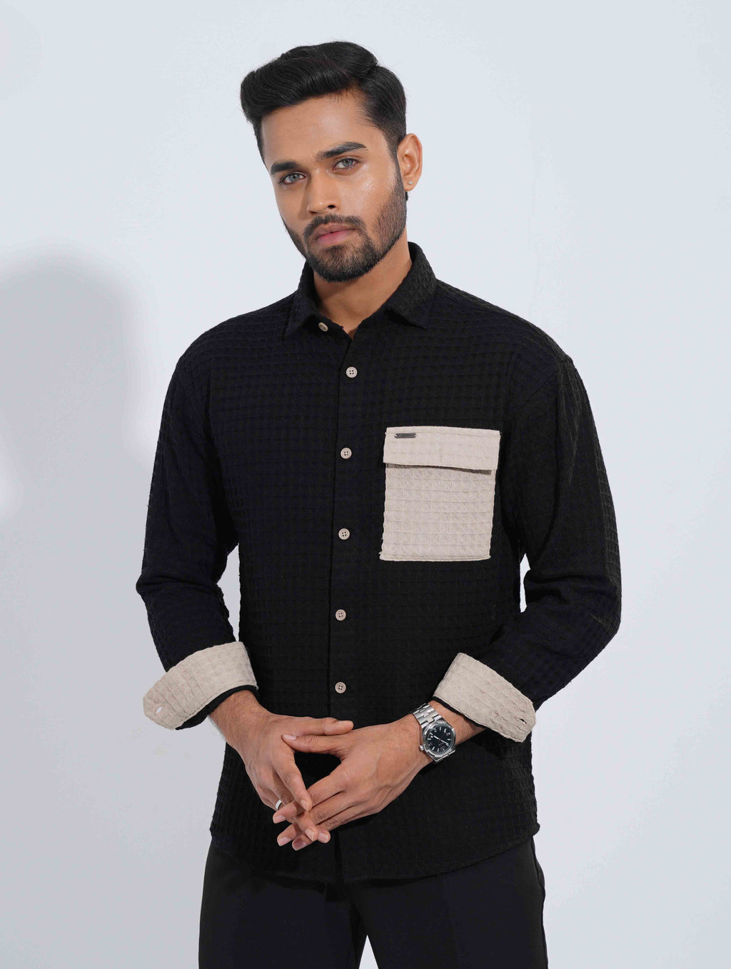 Black - Beige Hand and pocket Contrast Waffle Fabric Full Sleeve