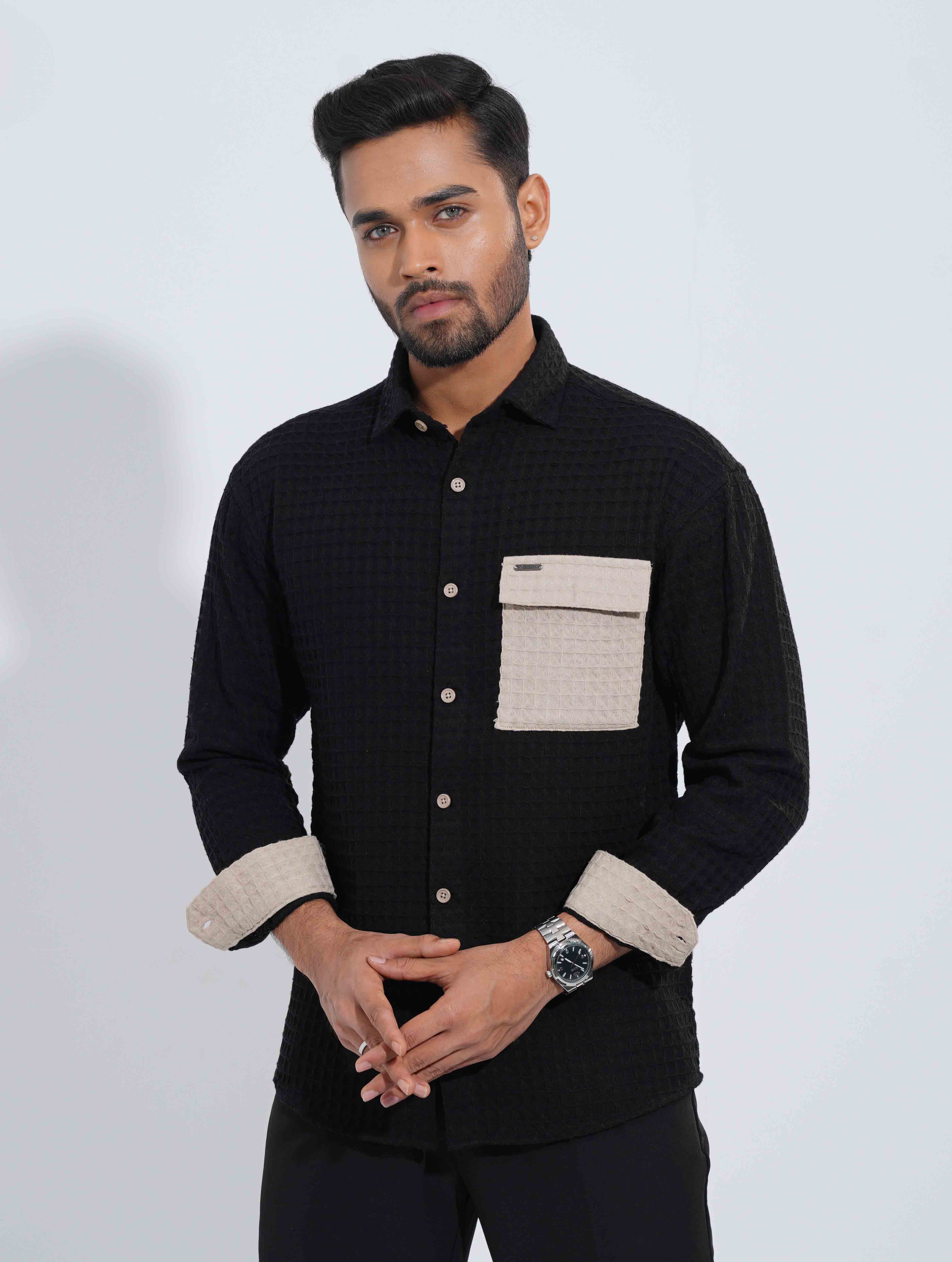 Black - Beige Hand and pocket Contrast Waffle Fabric Full Sleeve
