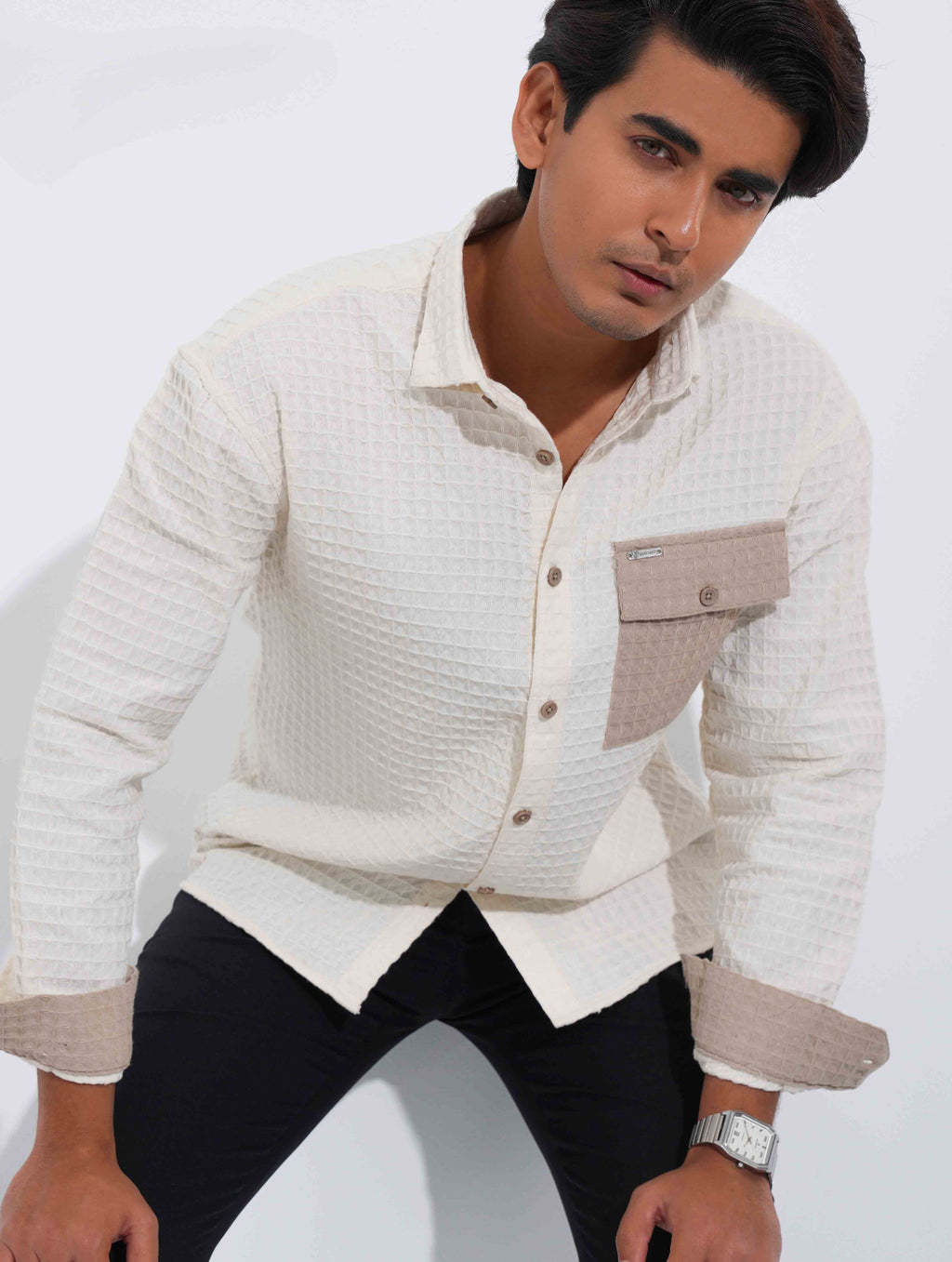 Cream - Beige Hand and pocket Contrast Waffle Fabric Full Sleeve