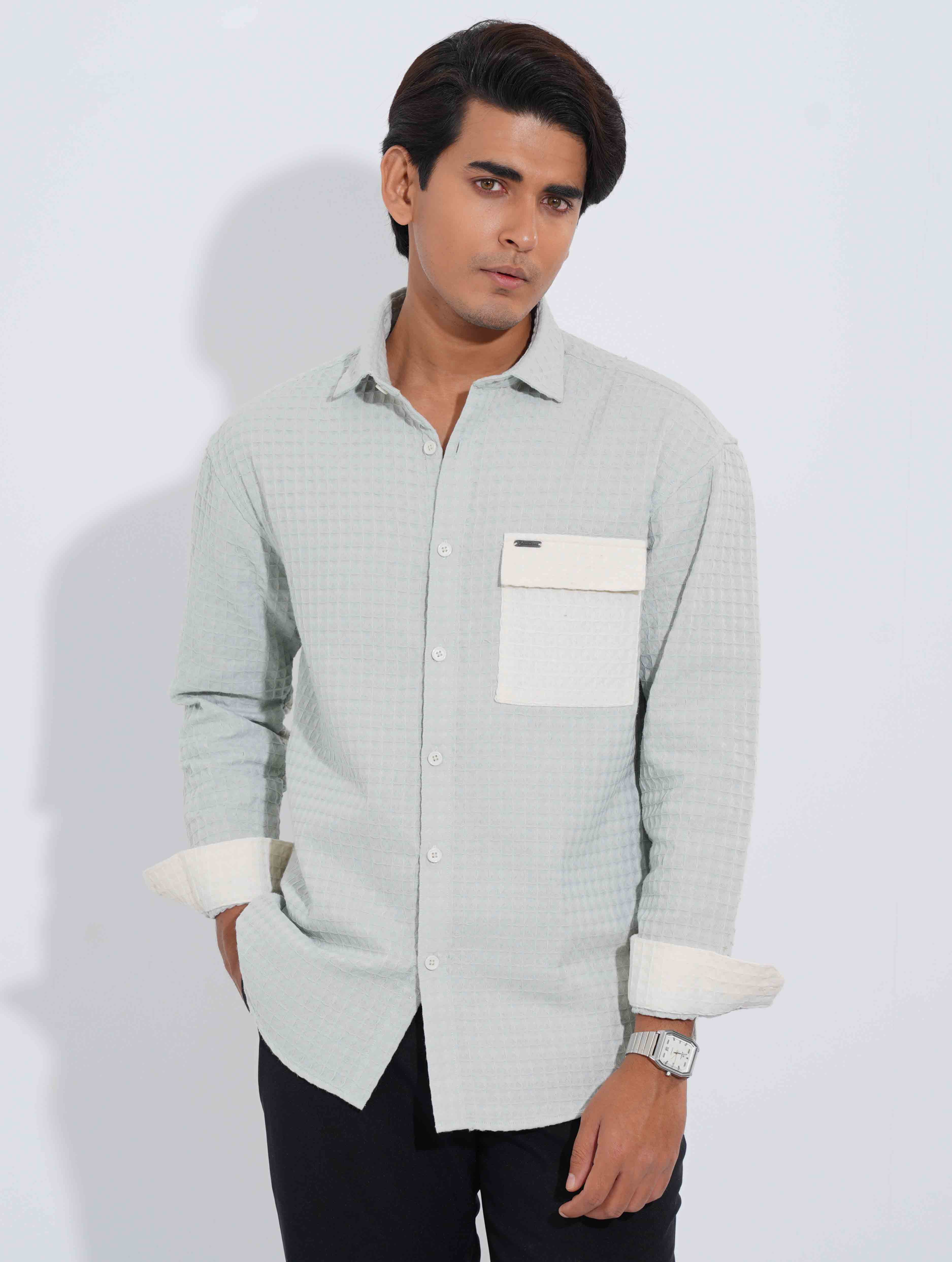 Paste - White Hand and pocket Contrast Waffle Fabric Full Sleeve