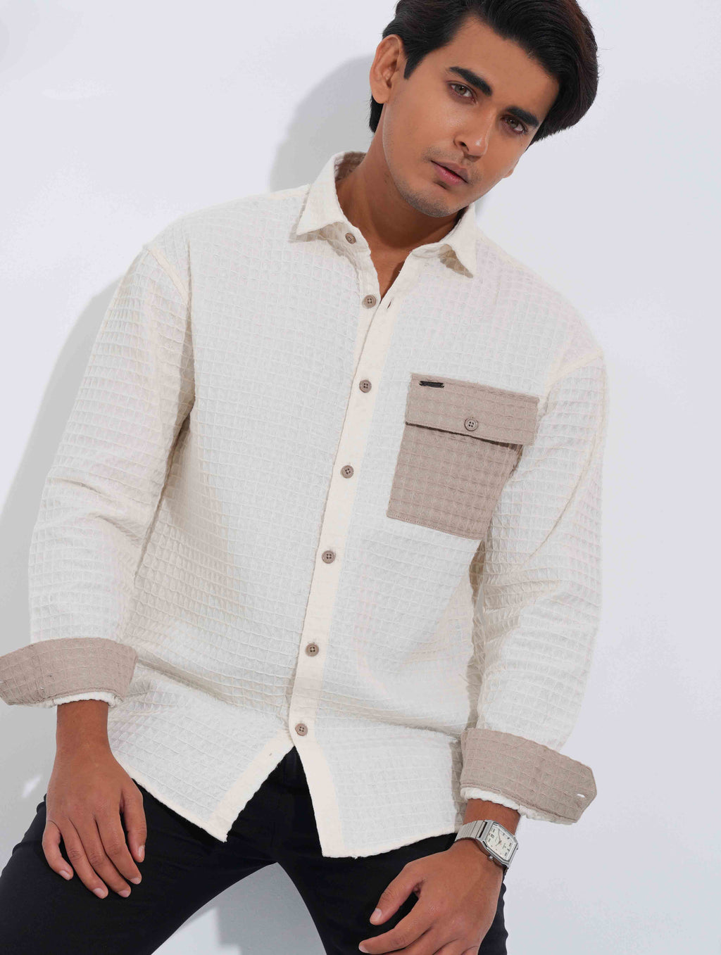 Cream - Beige Hand and pocket Contrast Waffle Fabric Full Sleeve