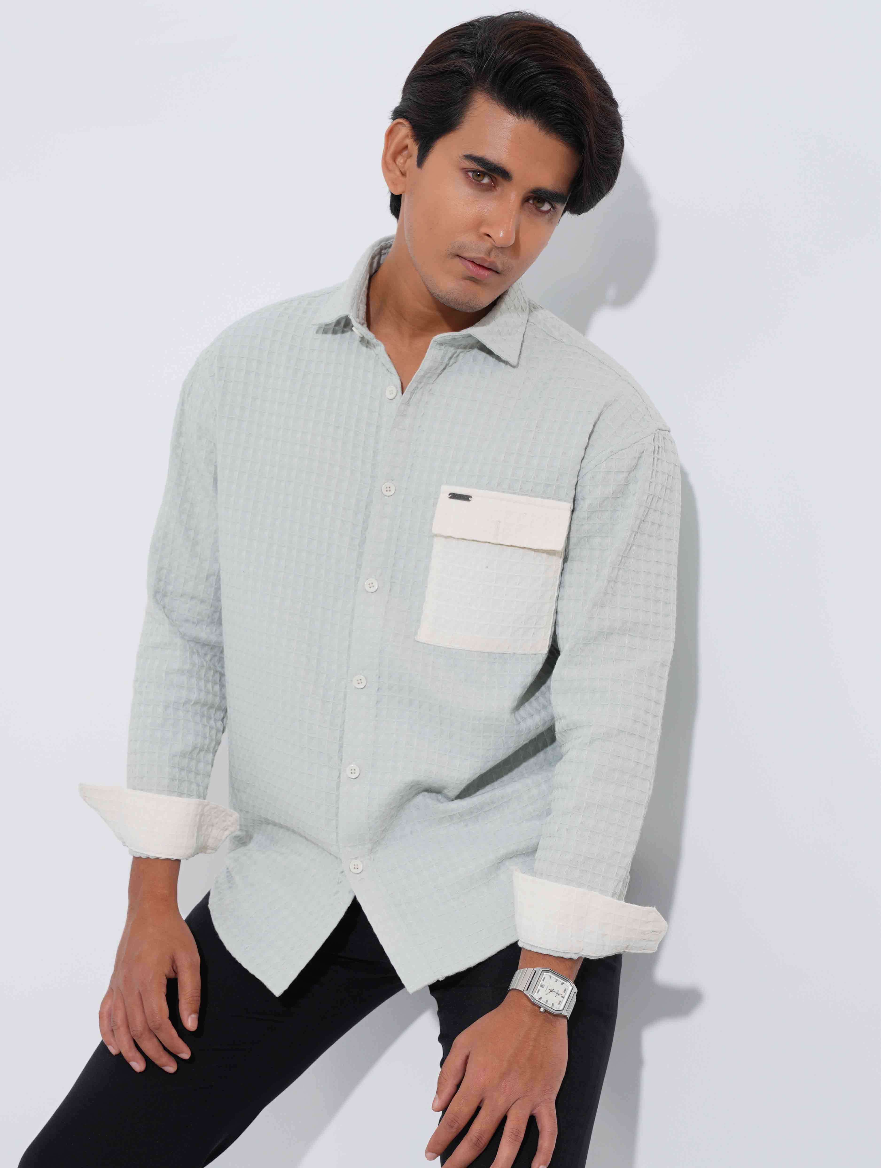 Paste - White Hand and pocket Contrast Waffle Fabric Full Sleeve