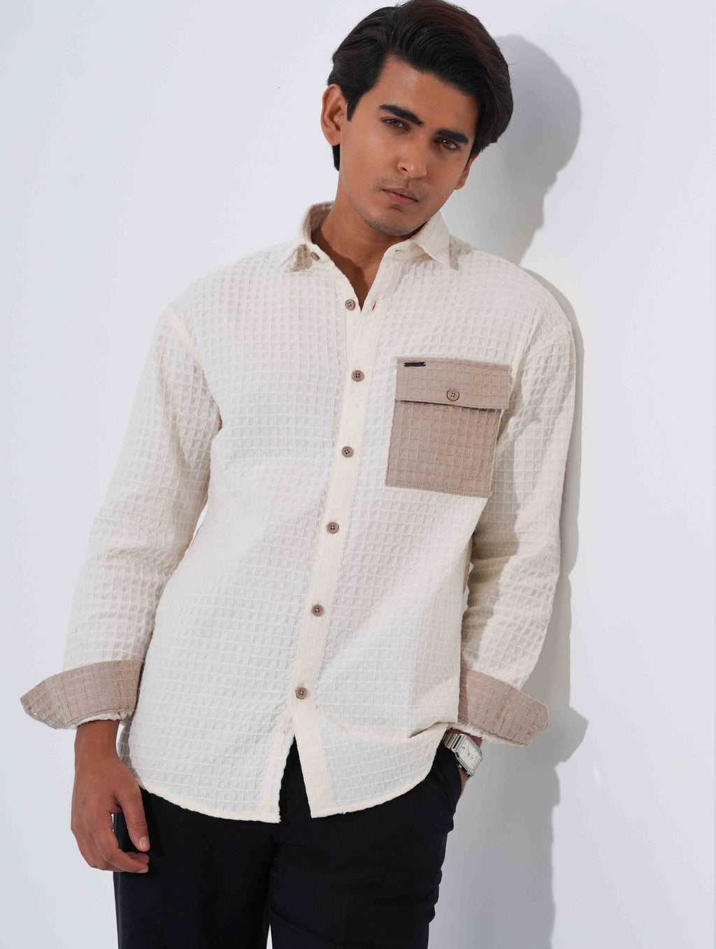 Cream - Beige Hand and pocket Contrast Waffle Fabric Full Sleeve