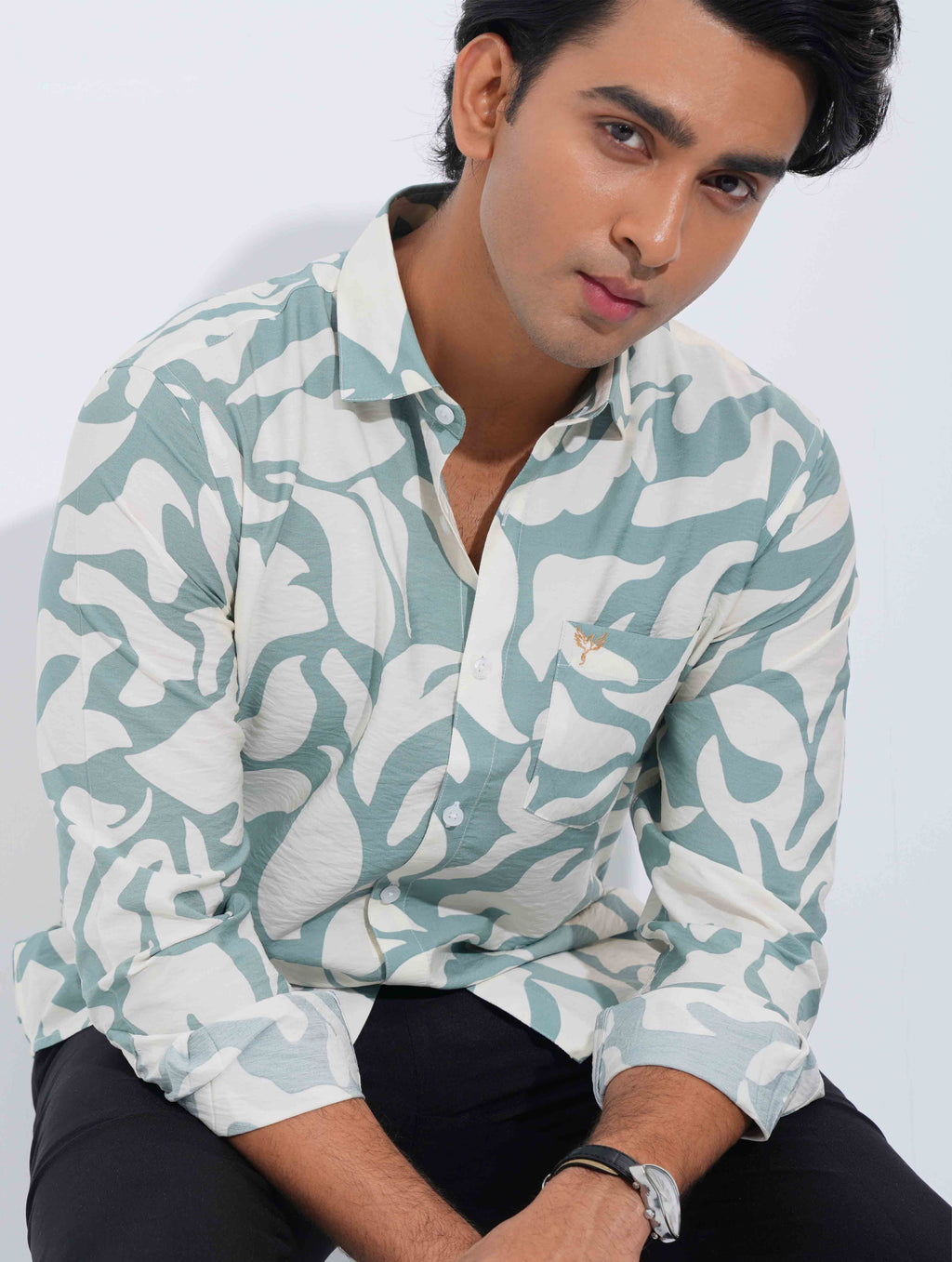 Pearl White - Green Abstract Printed Viscos Full sleeve