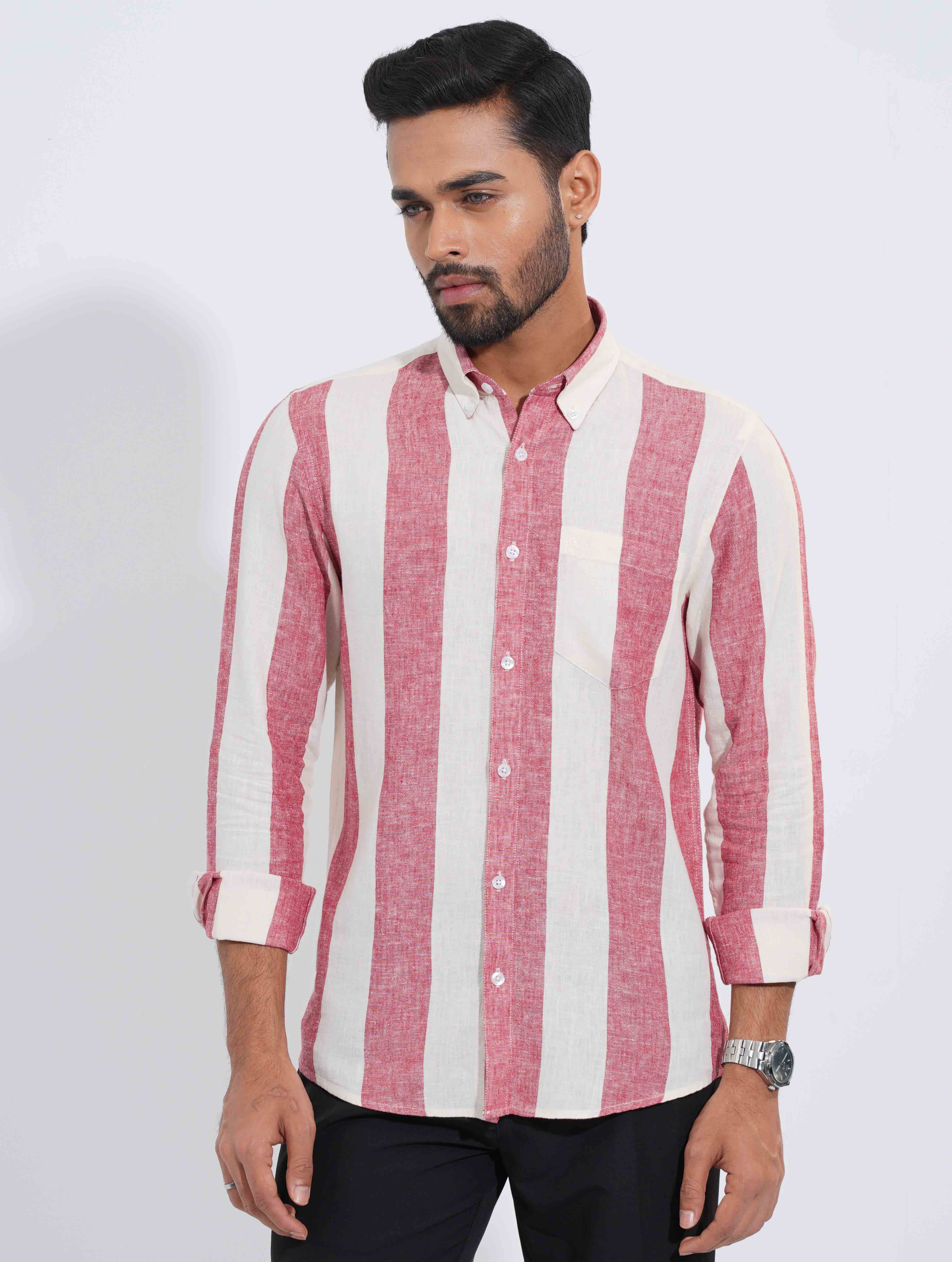 Off white Pink Stripe collar button Formal shirt