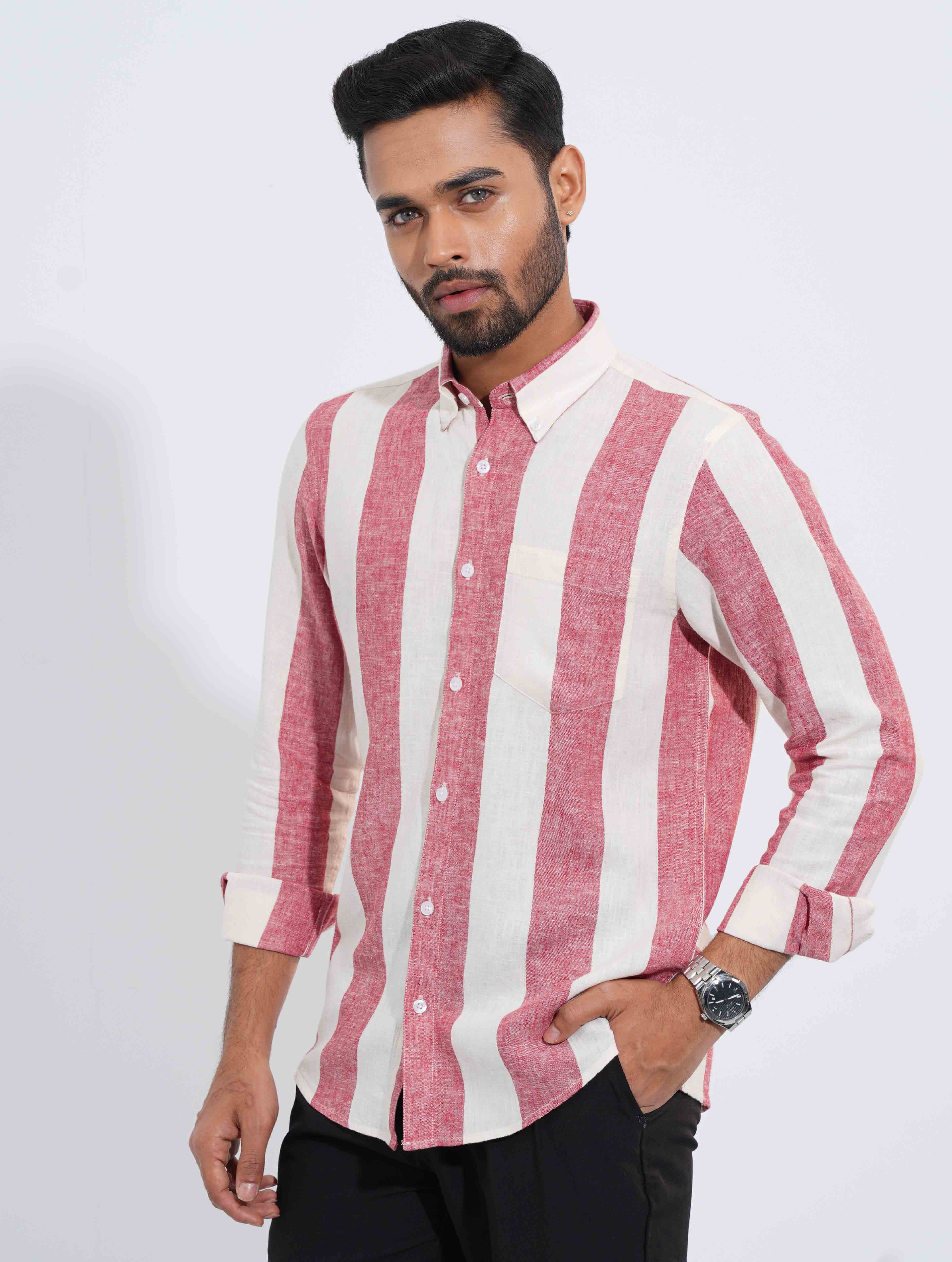 Off white Pink Stripe collar button Formal shirt